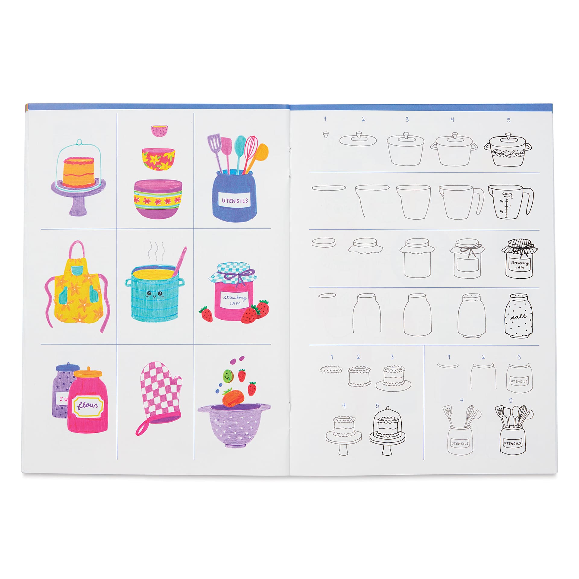 Tombow Learn to Doodle Kit, inside of the instructional book showing cookware
