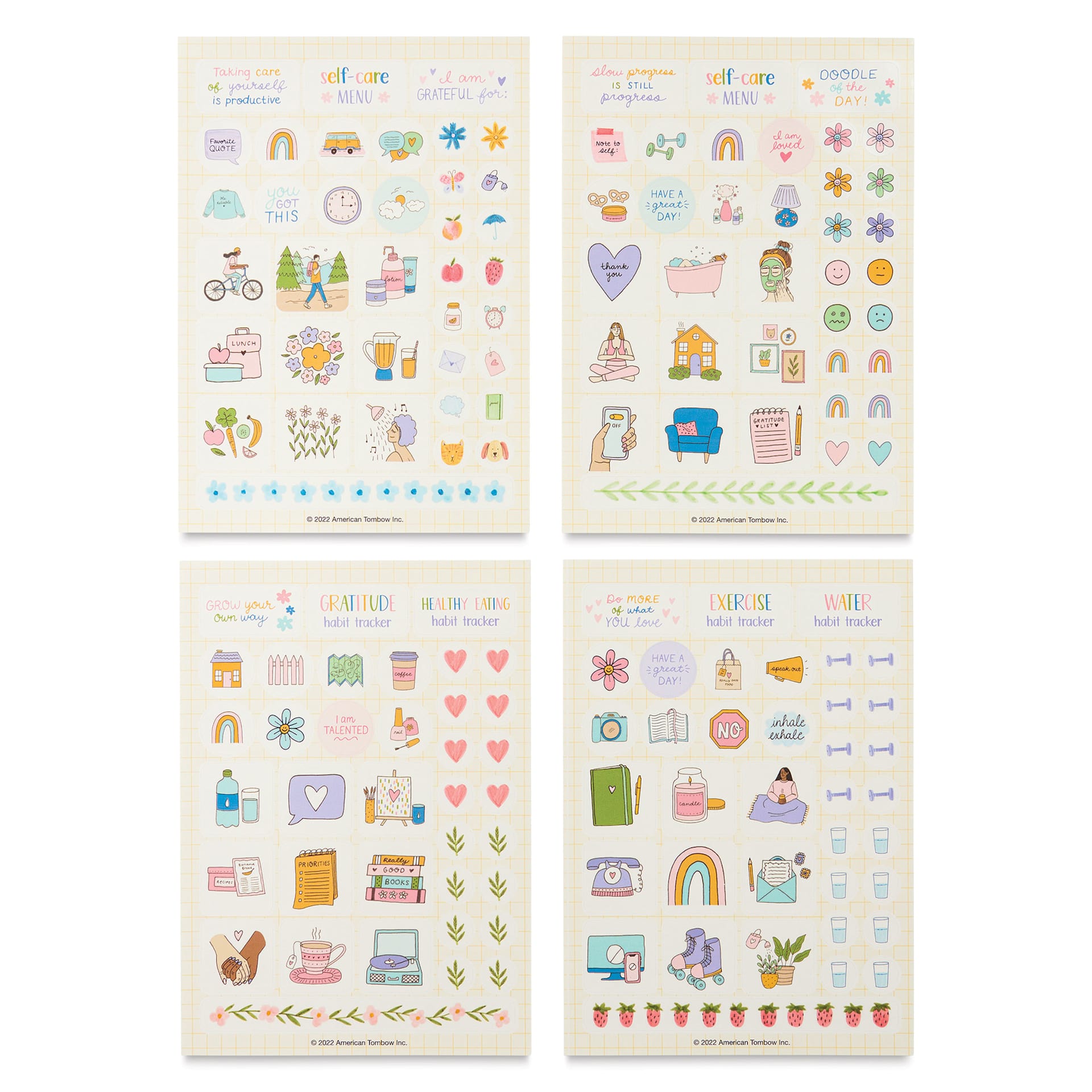 Tombow Self Care Journal Kit, four sheets of stickers laid out