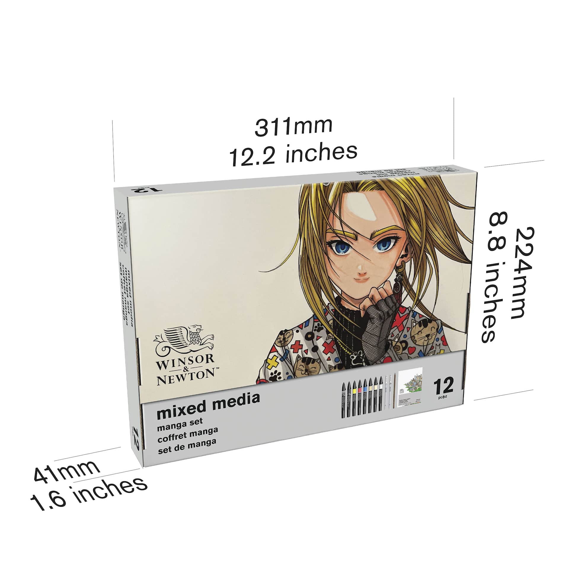 Winsor & Newton Mixed Media Manga Set, with dimensions of 8.8" x 12.2" x 12.2"