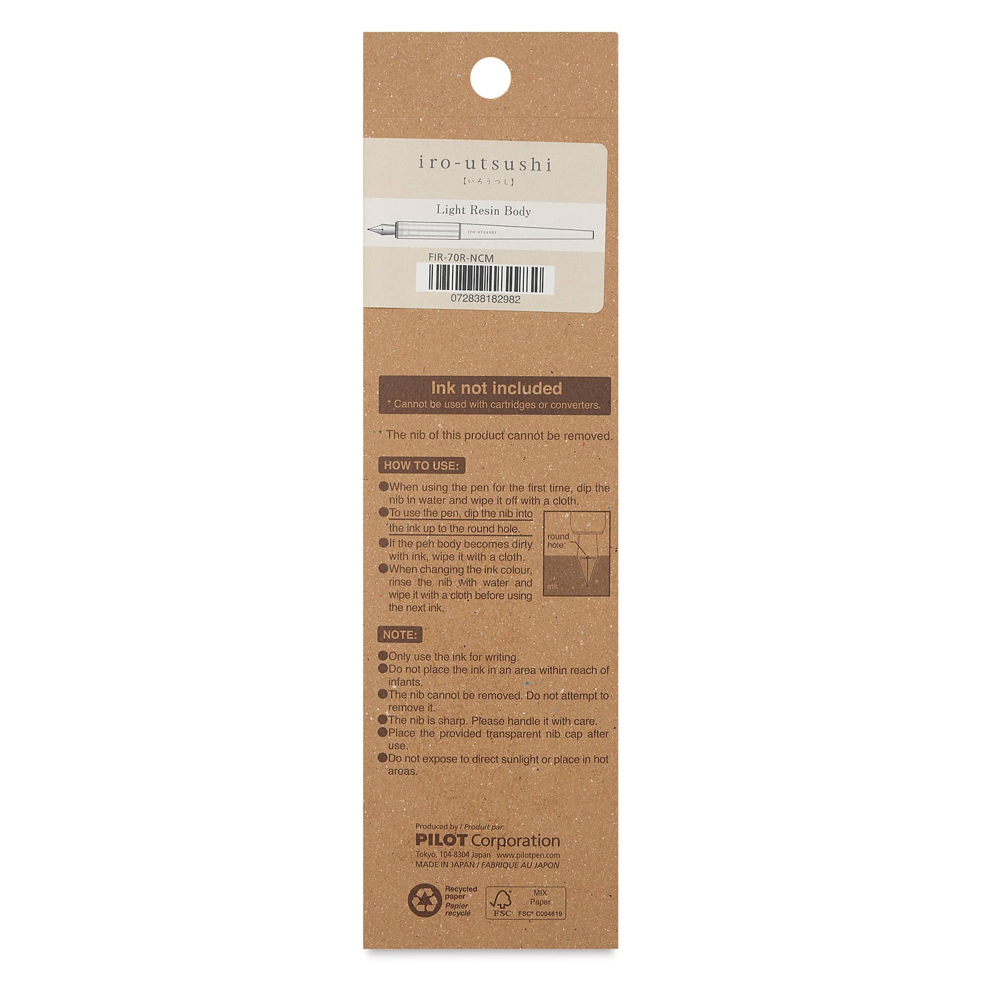 Pilot Iro-Utsushi Dip Pen - Clear, Medium Nib, back of packaging