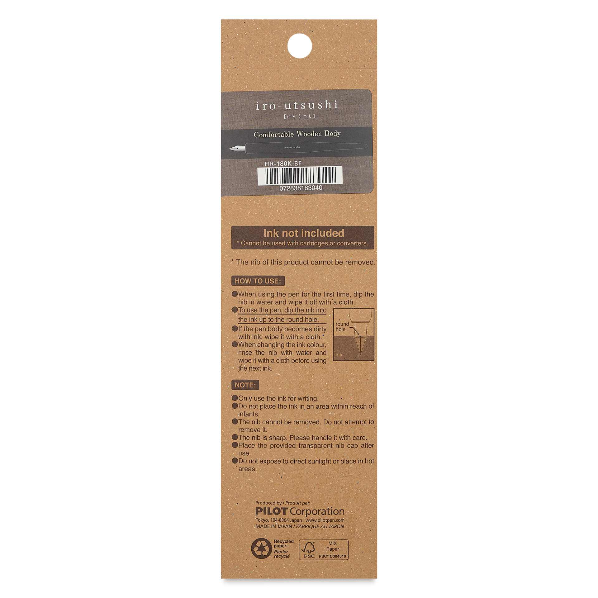 Pilot Iro-Utsushi Dip Pen - Black, Fine Nib, Wooden Barrel, back of packaging