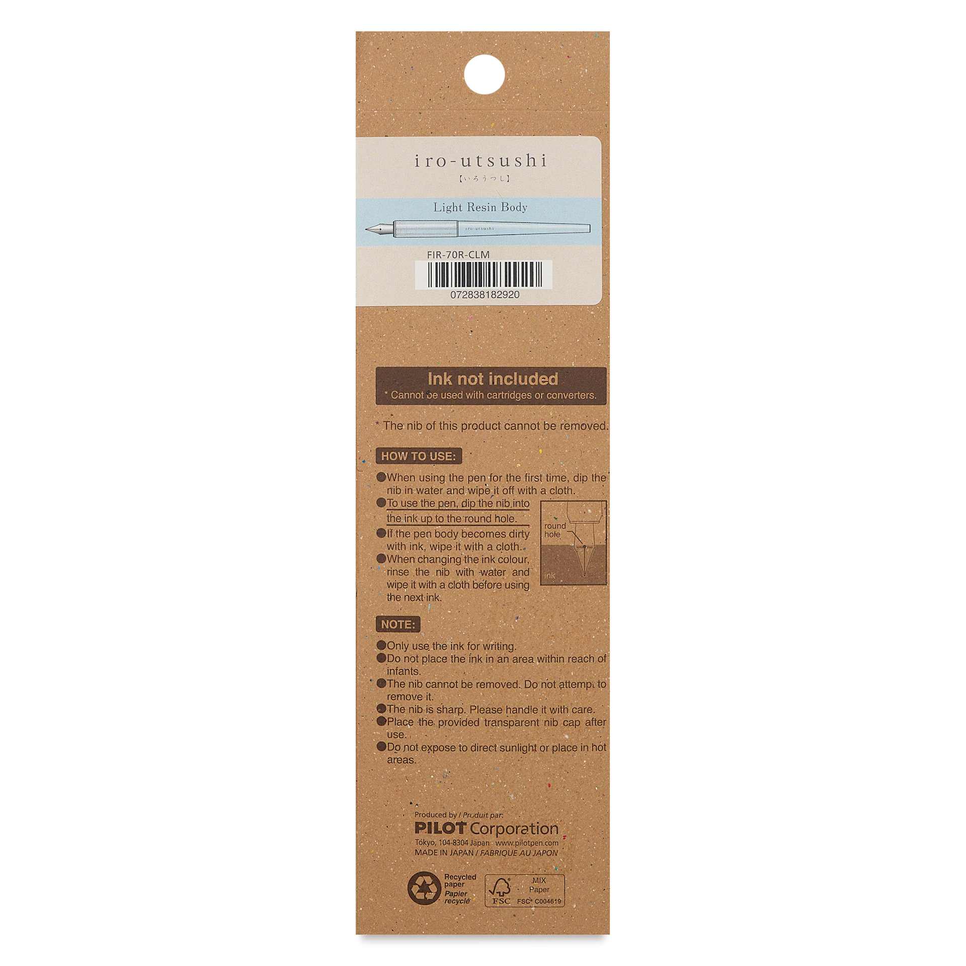 Pilot Iro-Utsushi Dip Pen - Blue, Medium Nib, back of packaging