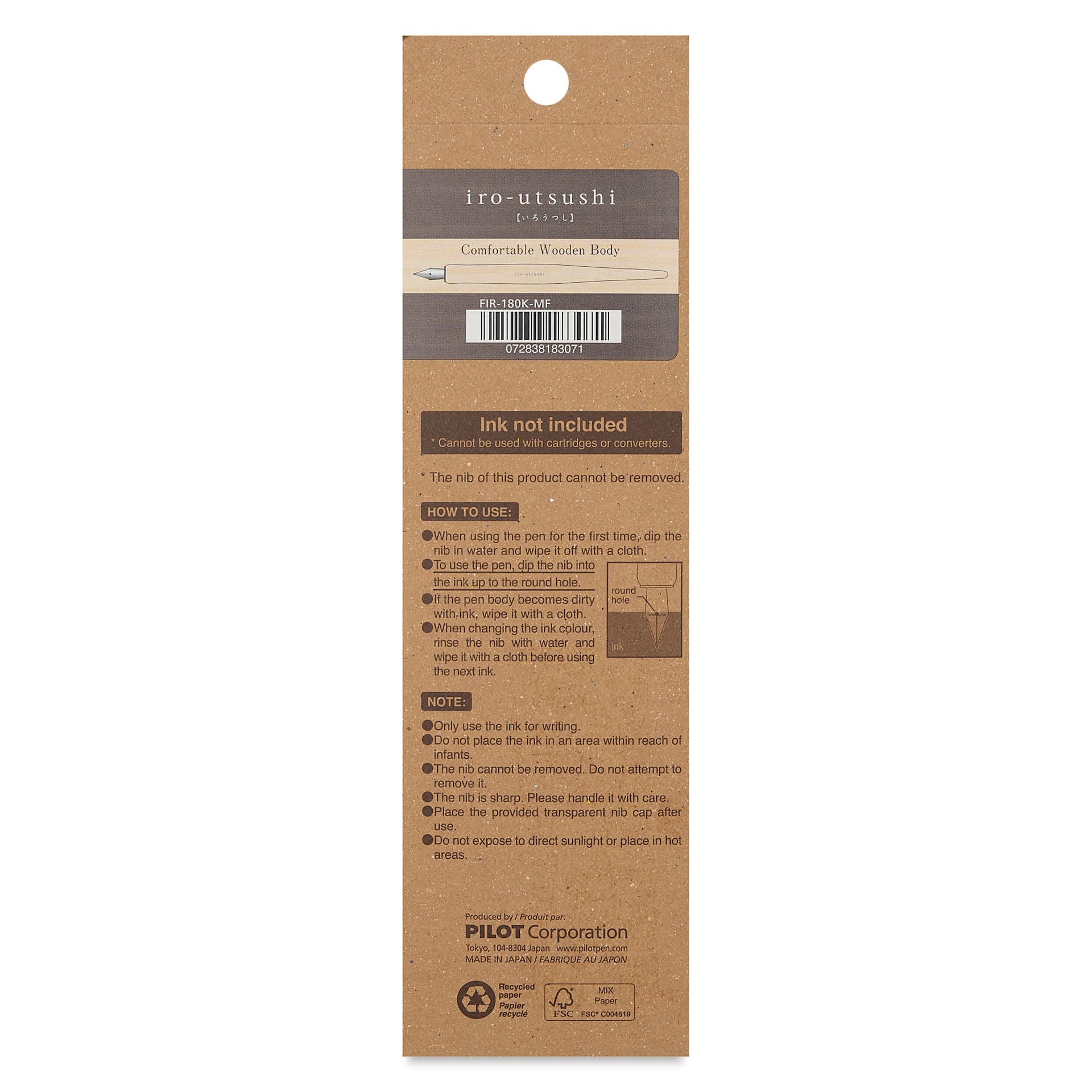 Pilot Iro-Utsushi Dip Pen - Brown, Fine Nib, Wooden Barrel, back of packaging
