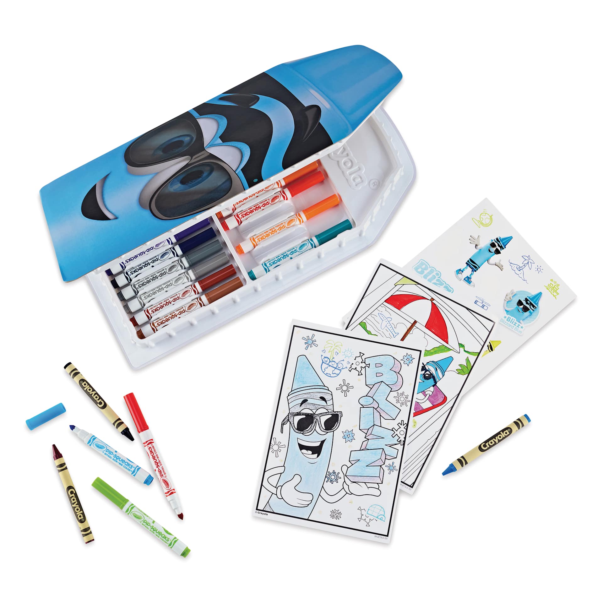Crayola Limited Edition 60-Piece Art Set - Blue Art Case open beside included coloring sheets