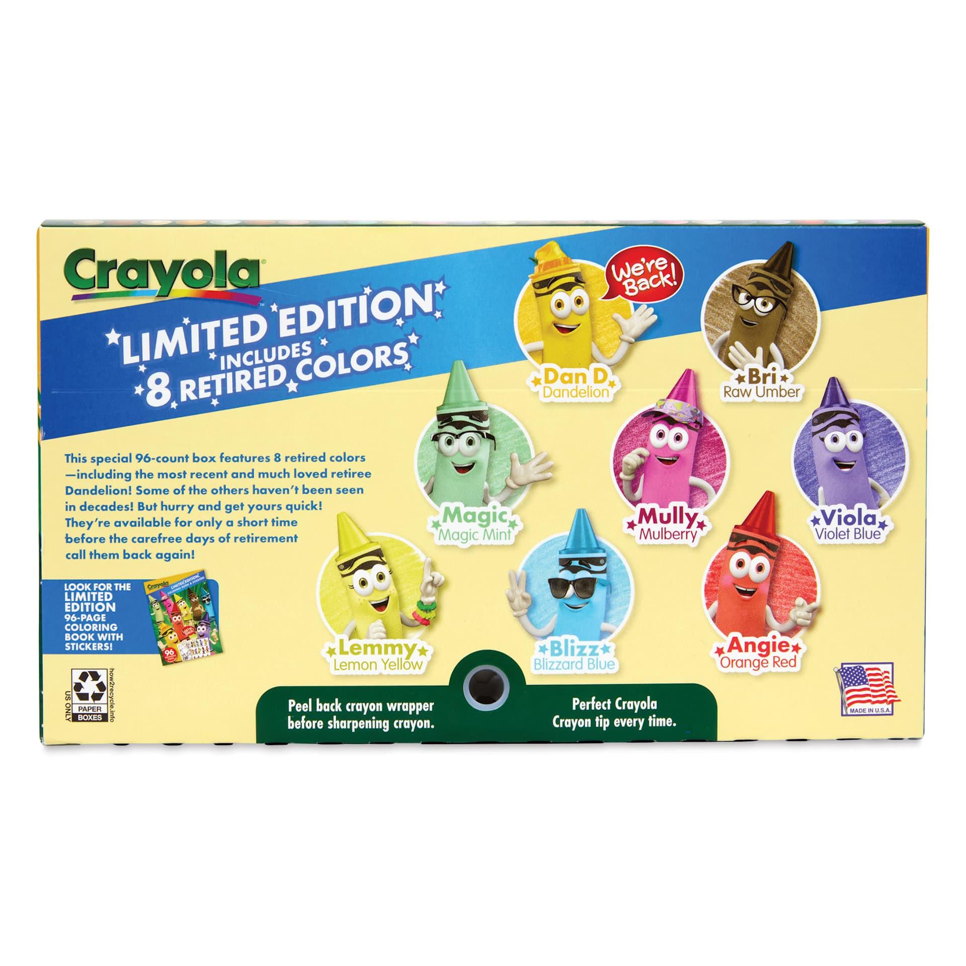 Crayola Limited Edition Crayons - Set of 96 with 8 Retired Colors, back of packaging