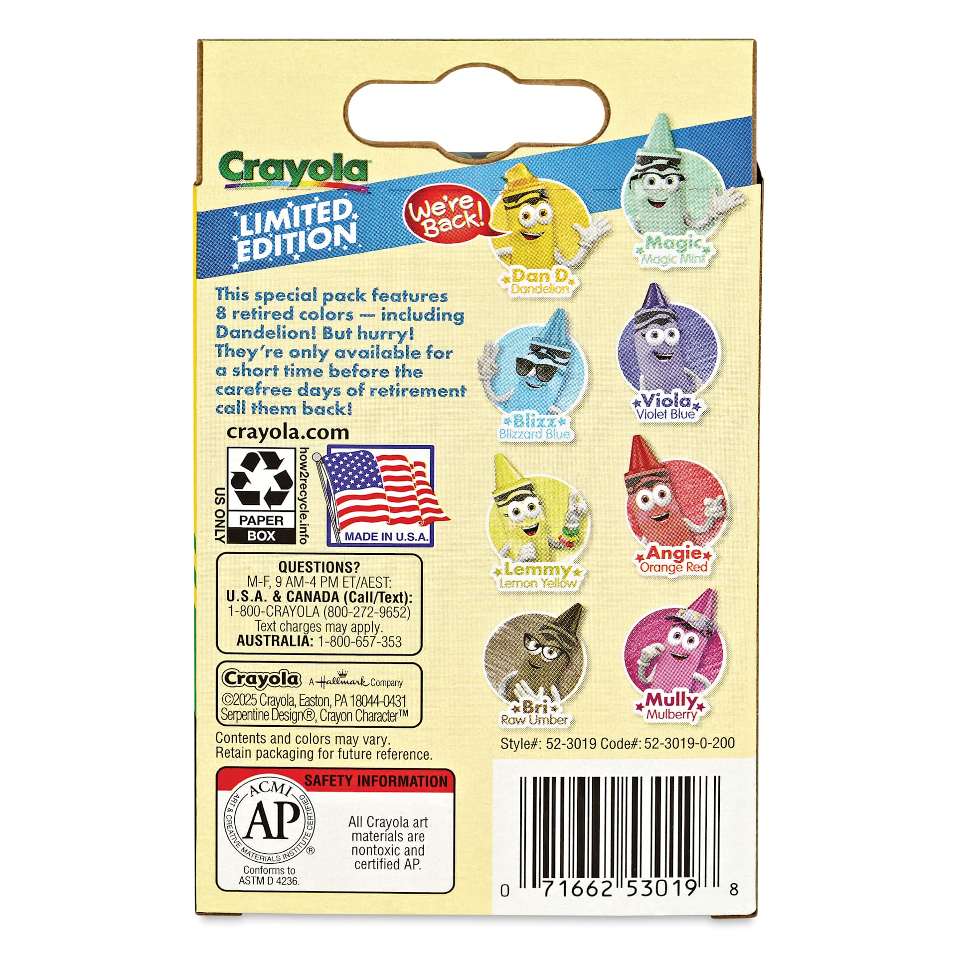 Crayola Crayons - Limited Edition, Set of 8, Retired Colors, back of packaging