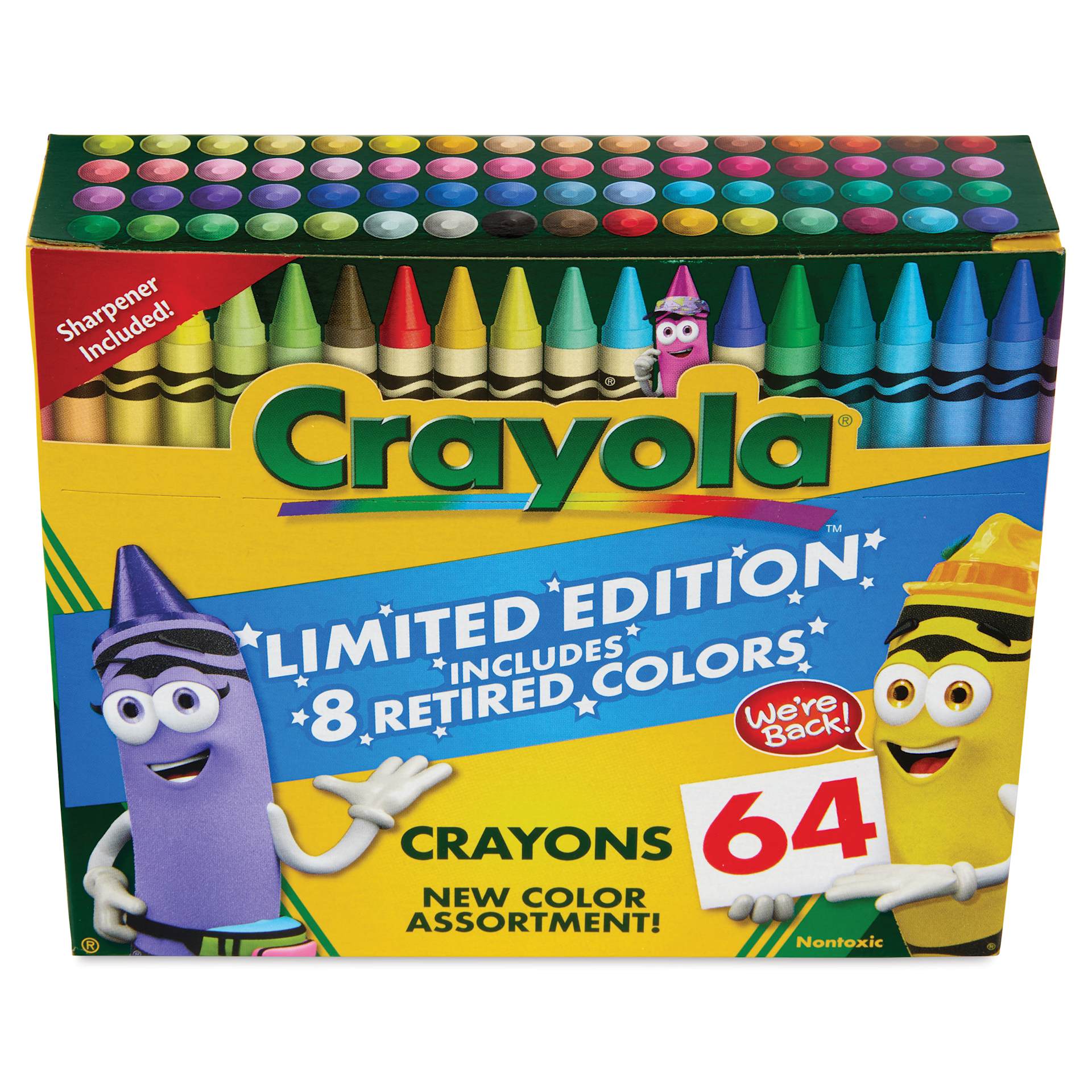 Crayola Limited Edition Crayons - Set of 64 with 8 Retired Colors, front of packaging