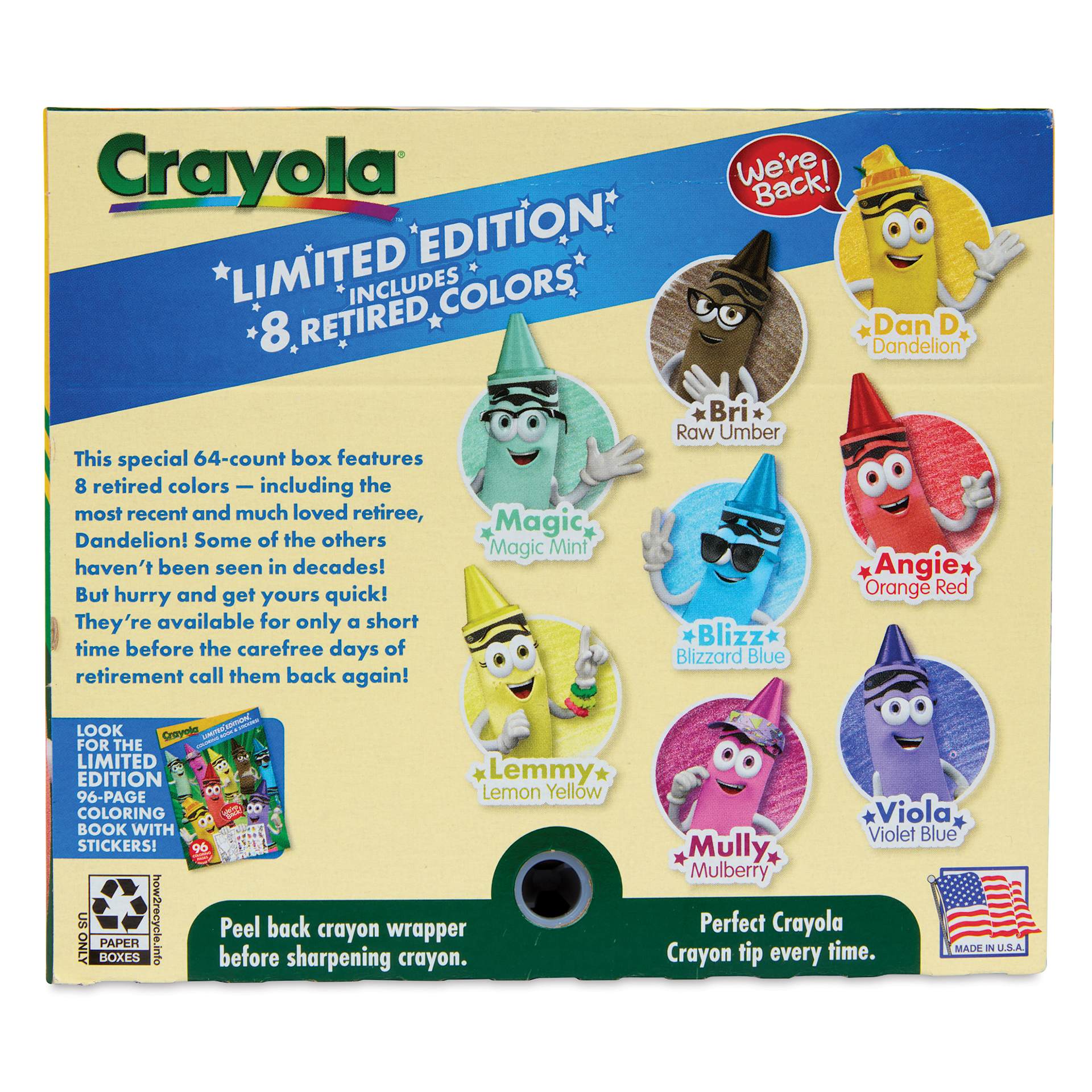 Crayola Limited Edition Crayons - Set of 64 with 8 Retired Colors, back of packaging with sharpener