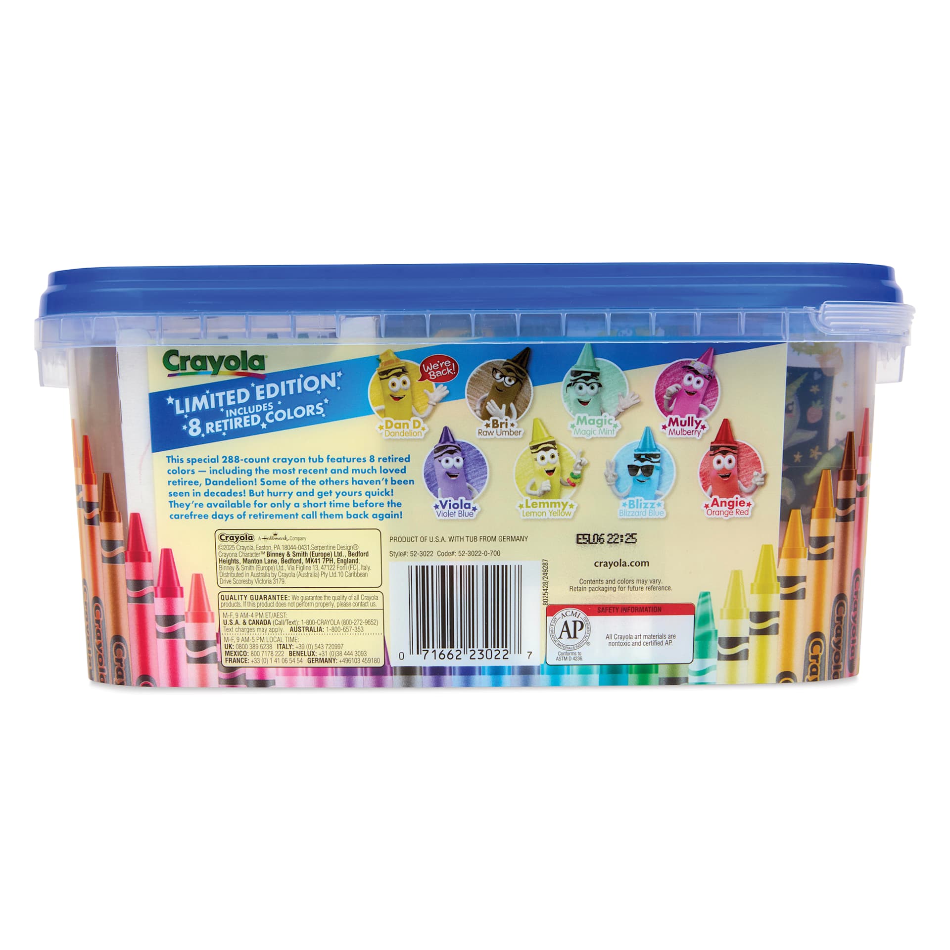 Crayola Limited Edition Crayons - Set of 288 with 8 Retired Colors and Tub, back of packaging