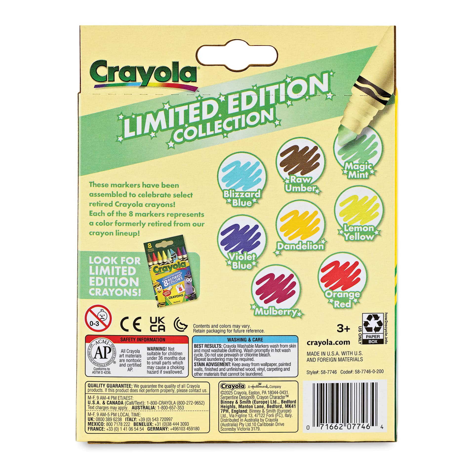 Crayola Broad Line Markers - Limited Edition, Set of 8, Retired Colors, back of packaging