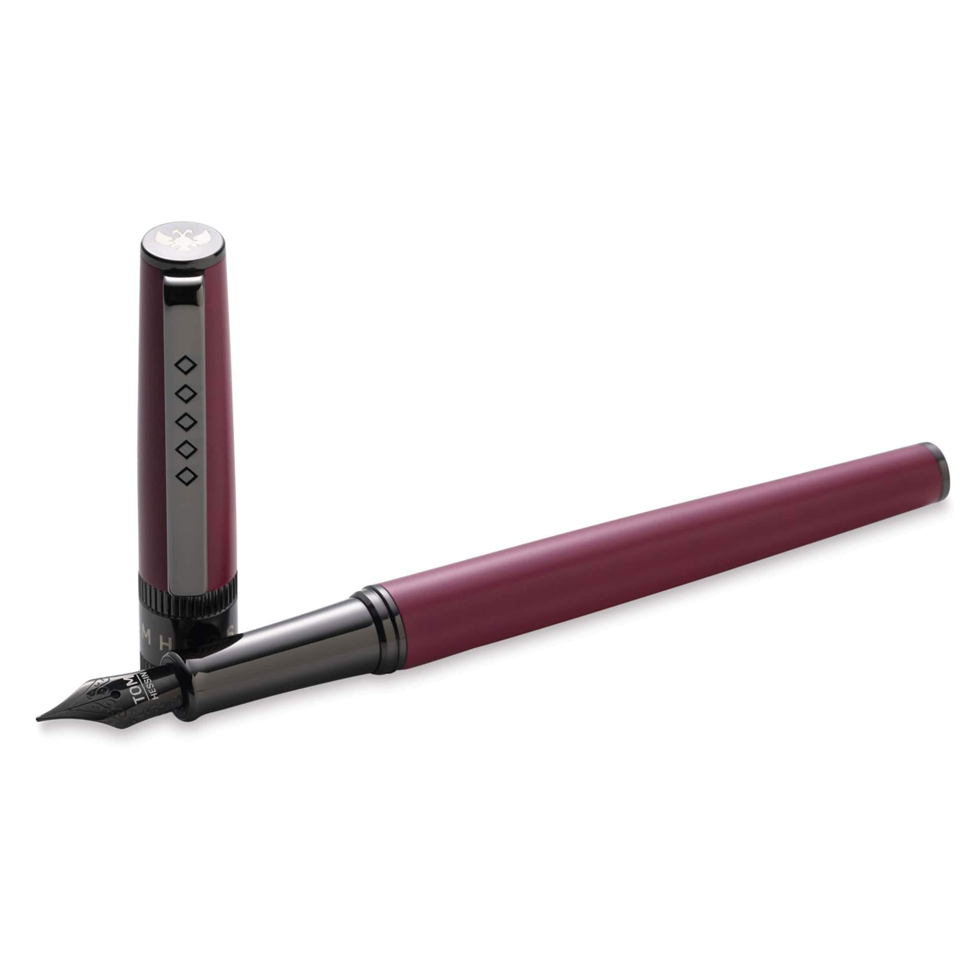 Tom Hessin Rebel Collection Fountain Pen - Jewellers Rouge, pen and cap