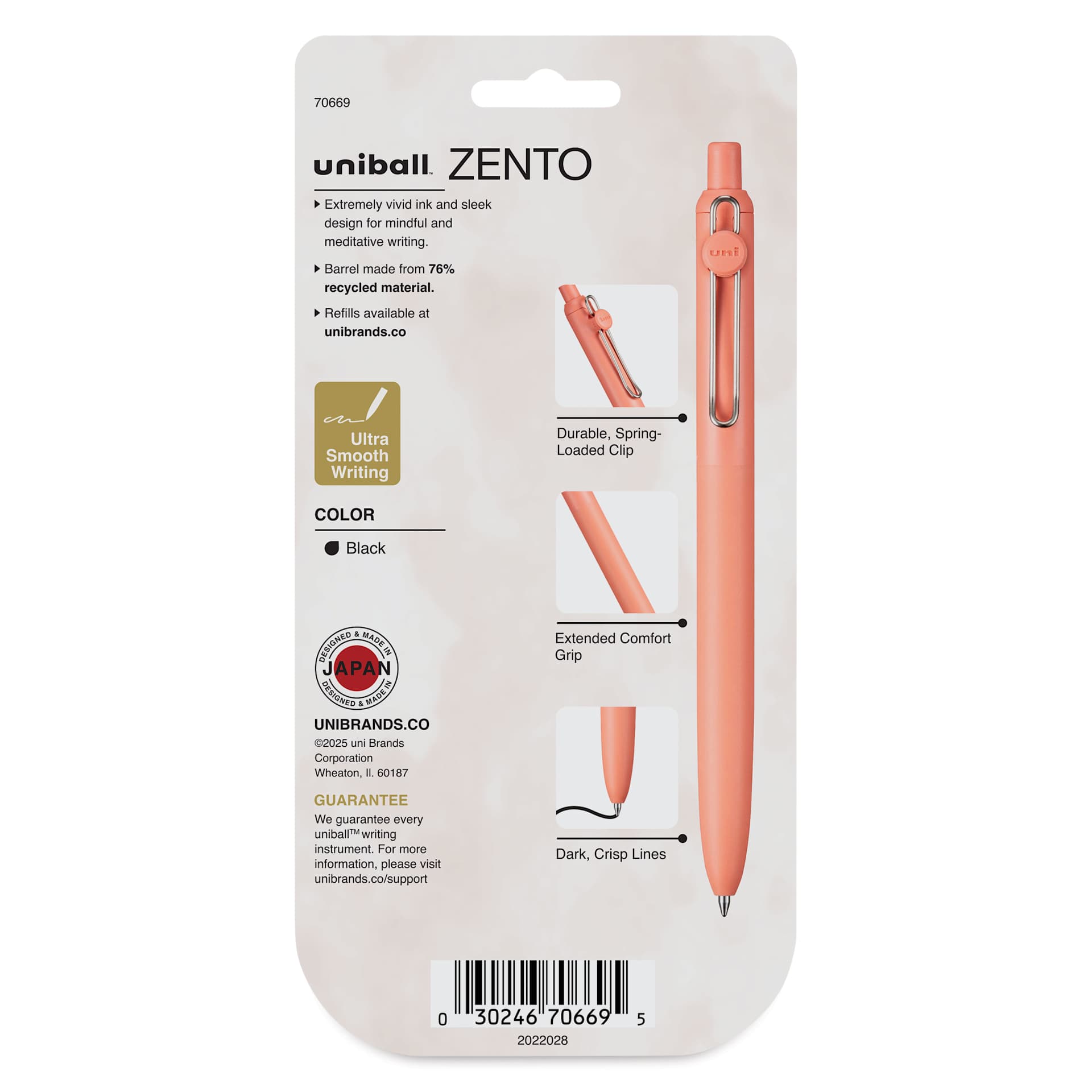 Uni-Ball Zento Gel Pens - Set of 5, Dawn, 0.7 mm, back of packaging