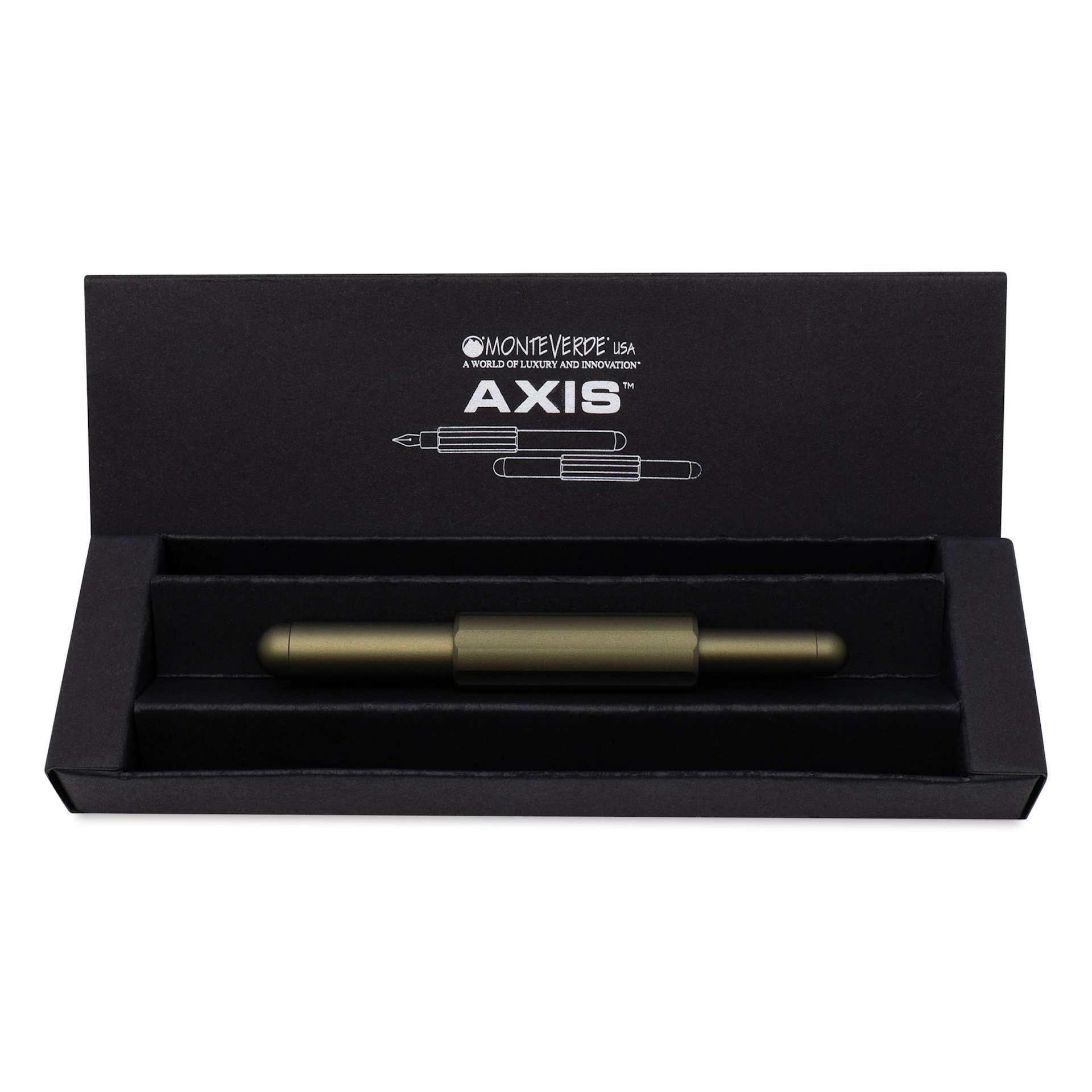 Monteverde Axis Fountain Pen - Matte Olive, Broad Nib, in packaging