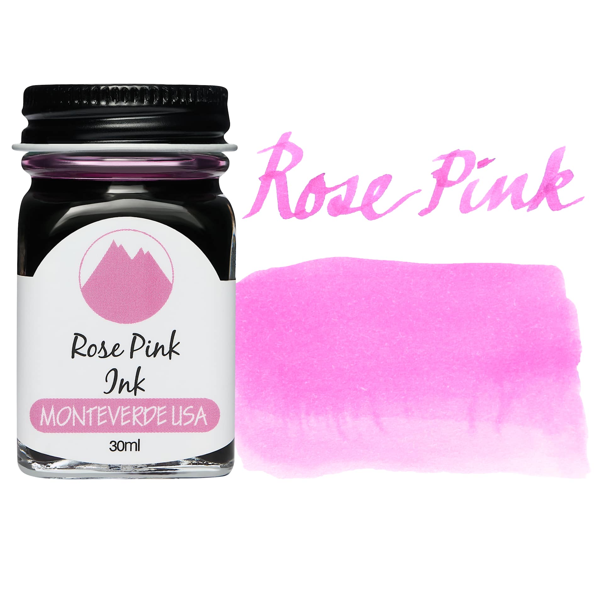 Monteverde Core Fountain Pen Ink - Rose Pink, 30 ml bottle and swatch