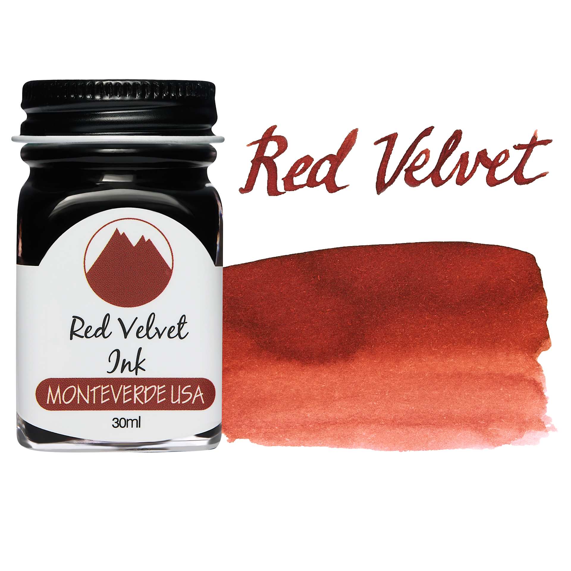 Monteverde Core Fountain Pen Ink - Red Velvet, 30 ml bottle and swatch
