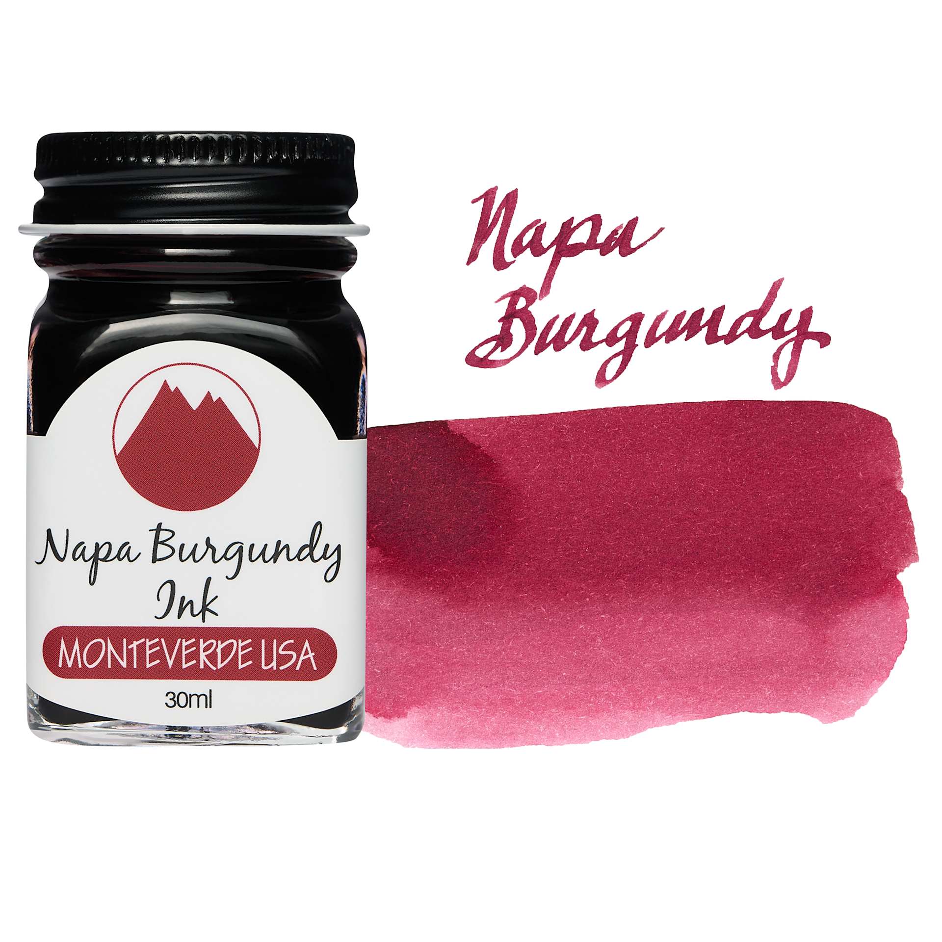 Monteverde Core Fountain Pen Ink - Napa Burgundy, 30 ml bottle and swatch