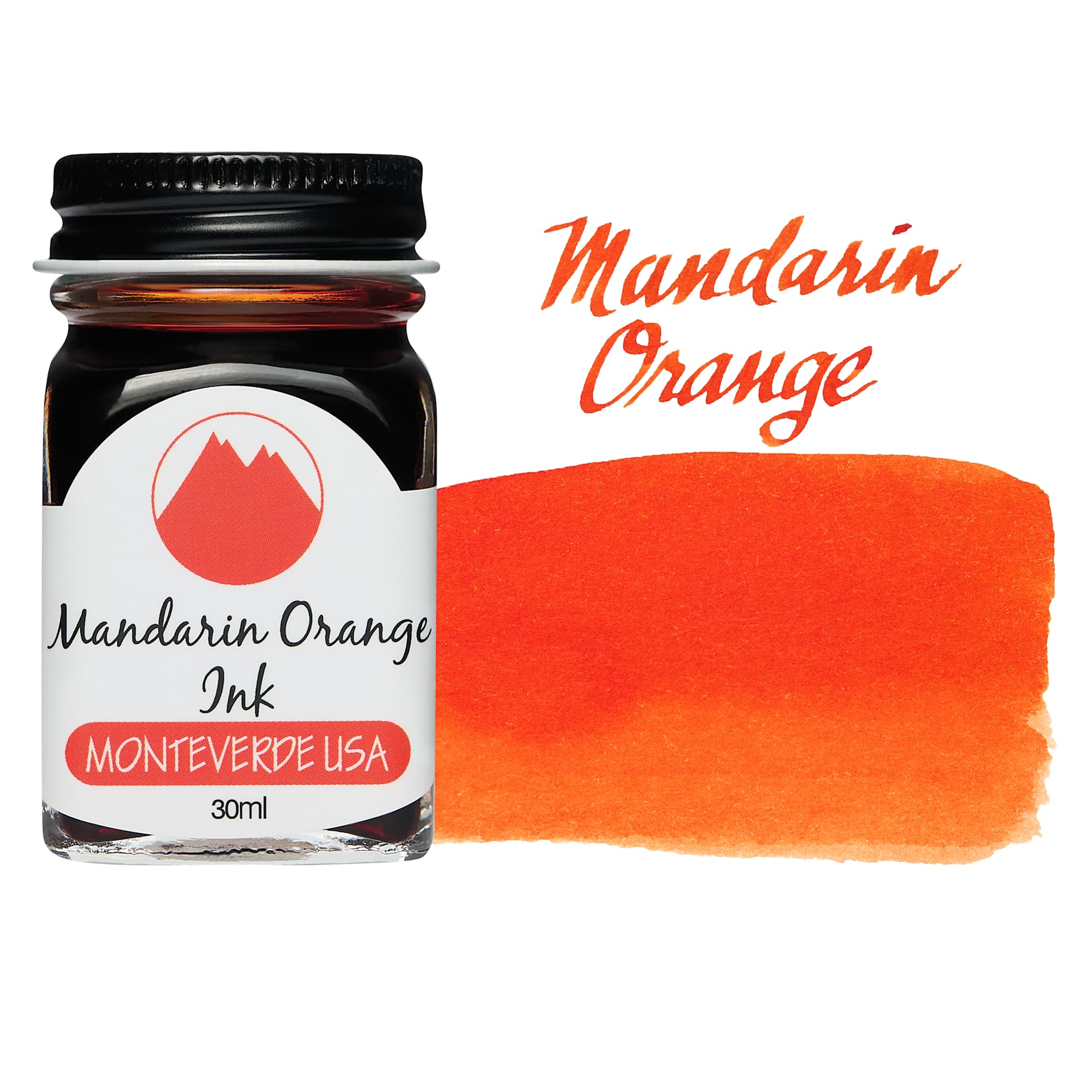 Monteverde Core Fountain Pen Ink - Mandarin Orange, 30 ml bottle and swatch