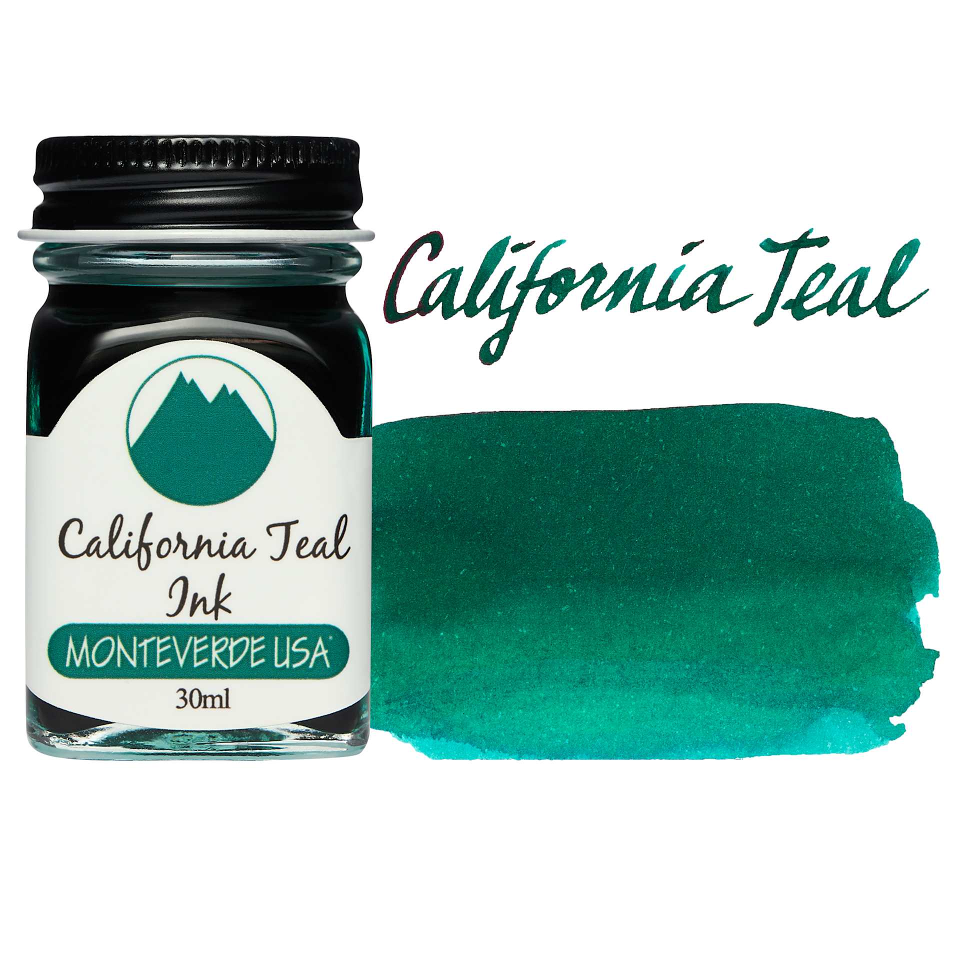 Monteverde Core Fountain Pen Ink - California Teal, 30 ml bottle and swatch