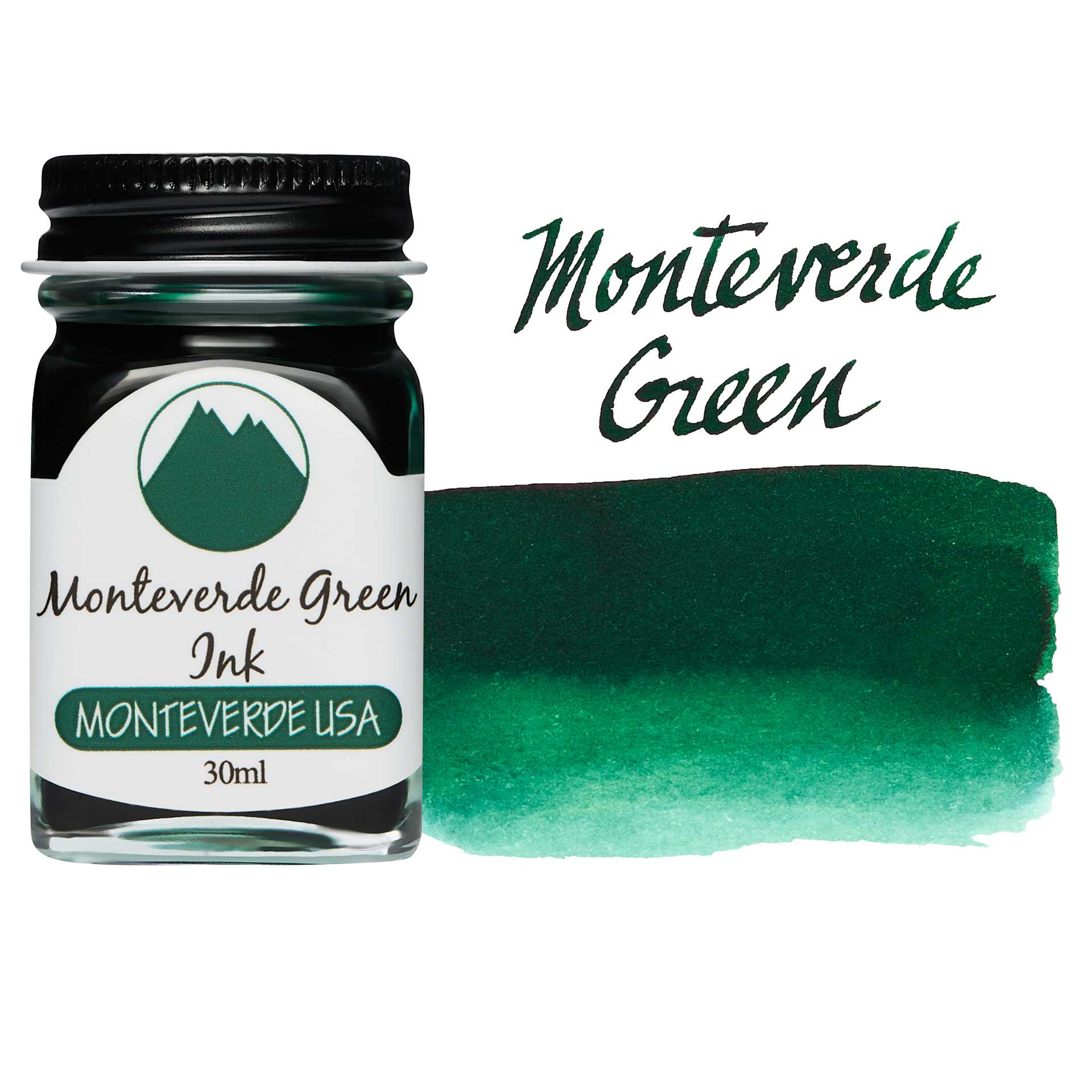 Monteverde Core Fountain Pen Ink - Monteverde Green, 30 ml bottle and swatch