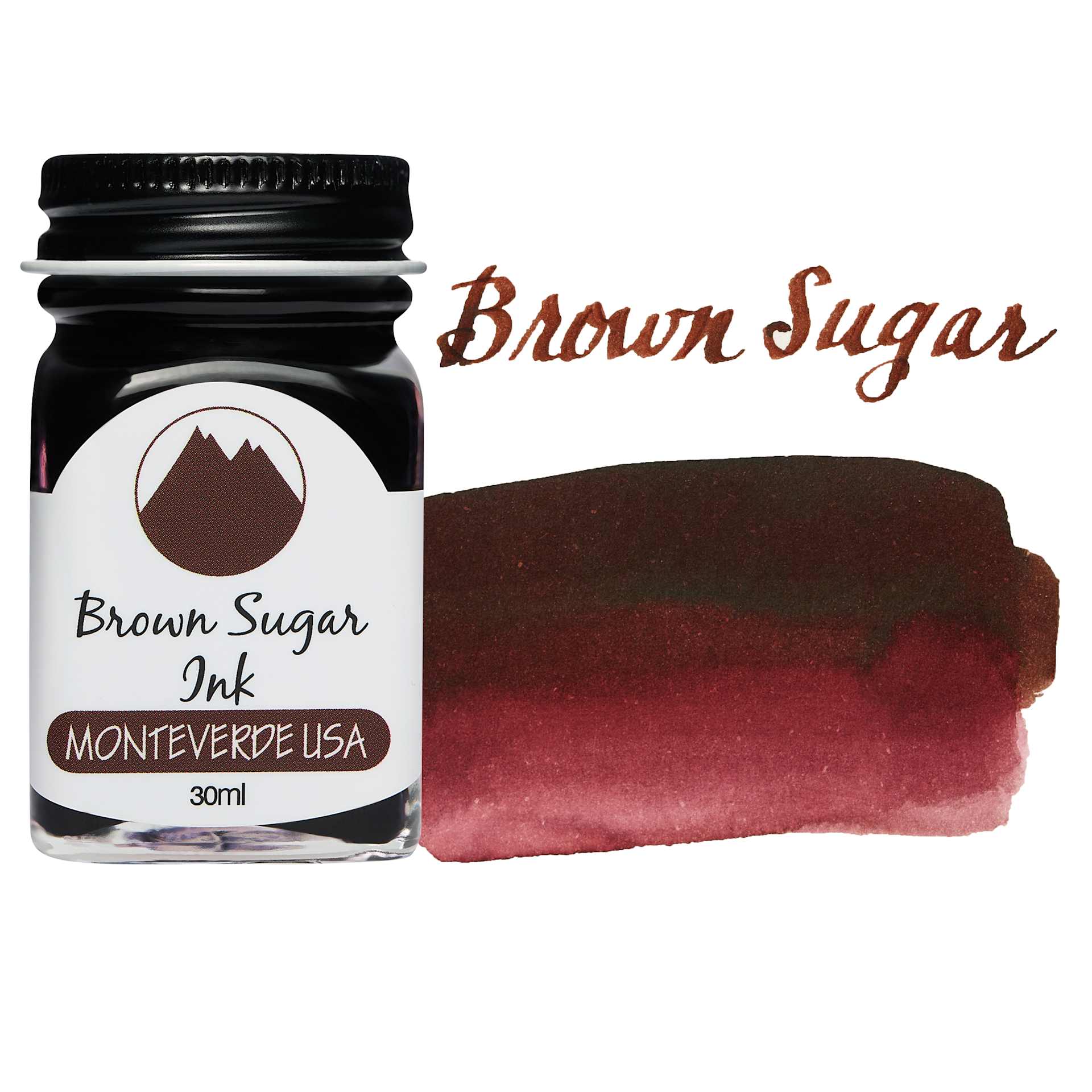 Monteverde Core Fountain Pen Ink - Brown Sugar, 30 ml bottle and swatch