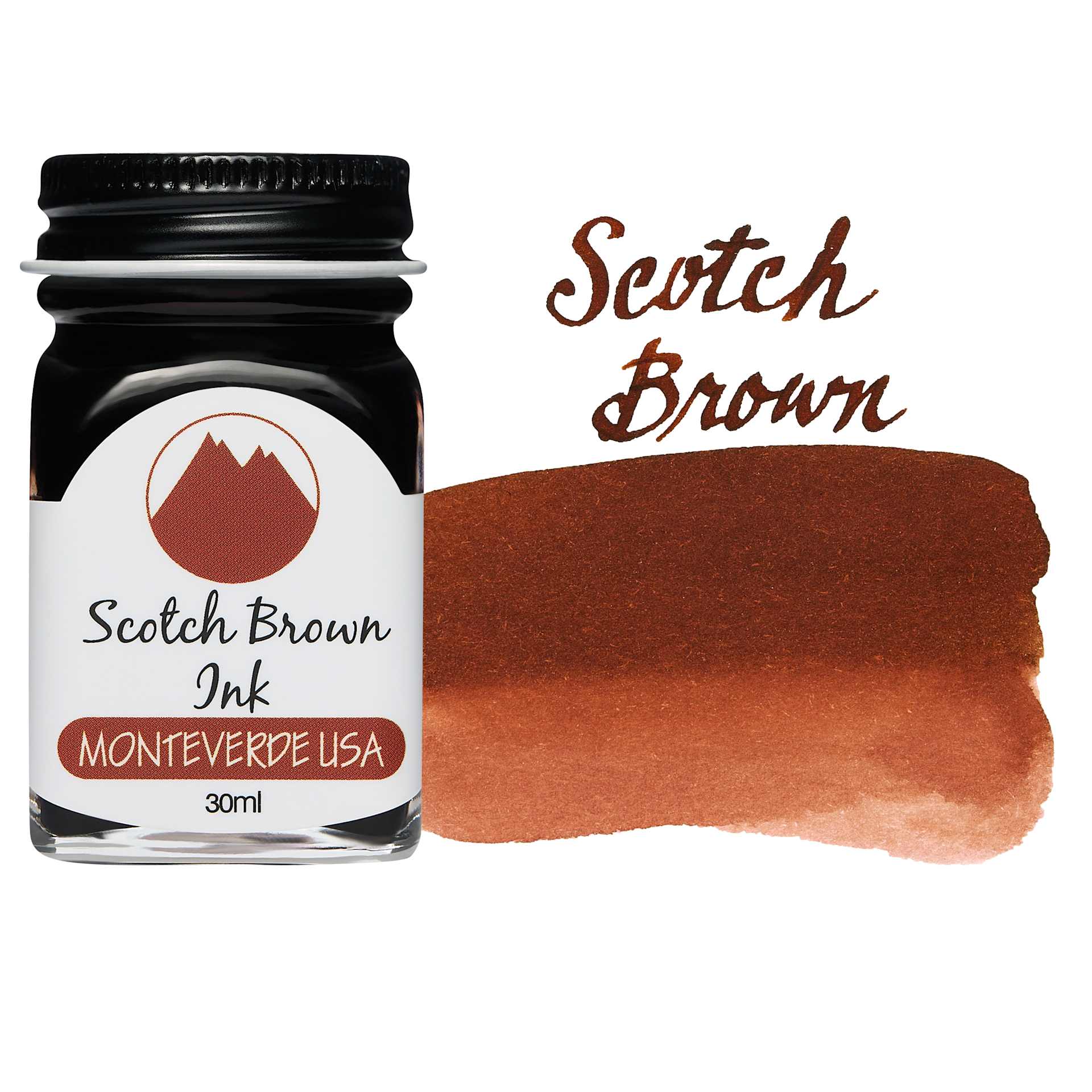 Monteverde Core Fountain Pen Ink - Scotch Brown, 30 ml bottle and swatch