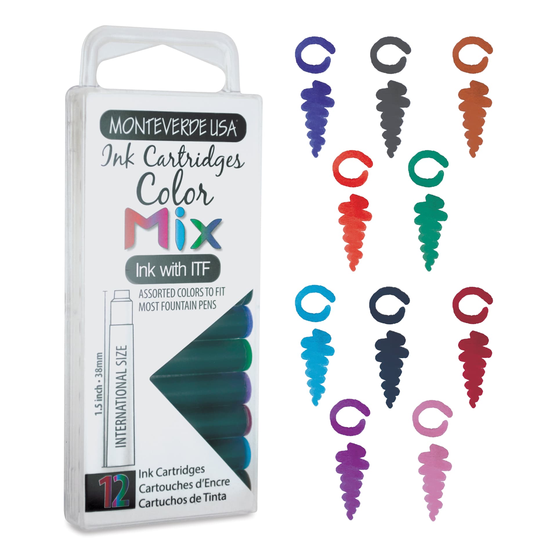 Monteverde Core Universal Ink Cartridge - Color Mix, Pkg of 12, with swatches