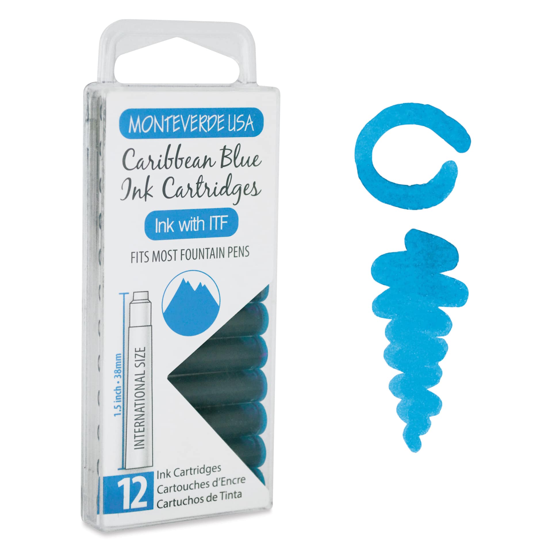 Monteverde Core Universal Ink Cartridge - Caribbean Blue, Pkg of 12 with swatch