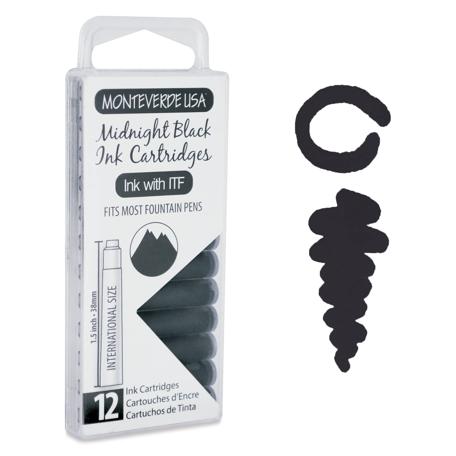 Monteverde Core Universal Ink Cartridge - Midnight Black, Pkg of 12 with swatch
