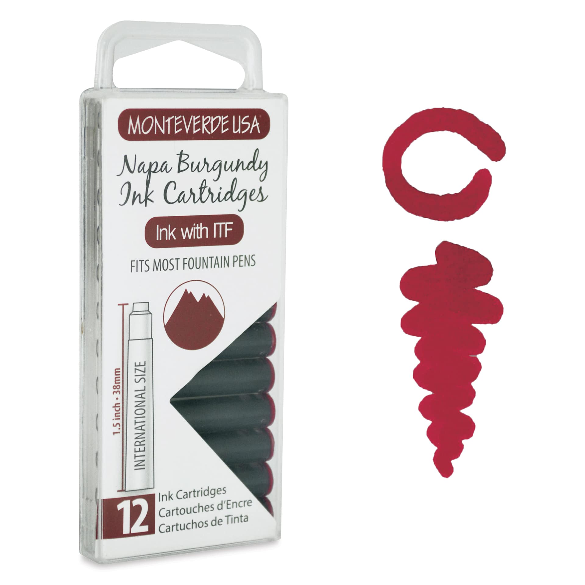 Monteverde Core Universal Ink Cartridge - Napa Burgundy, Pkg of 12 with swatch