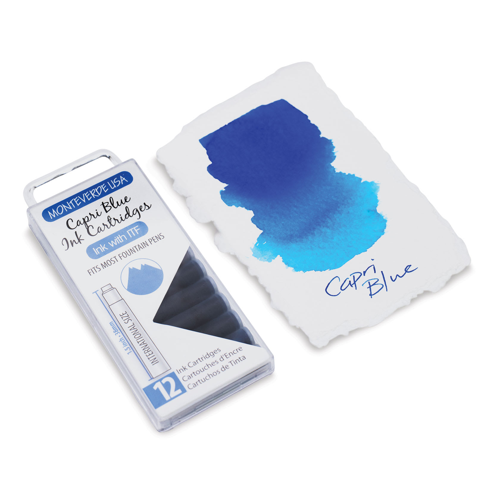 Monteverde Core Universal Ink Cartridge - Capri Blue, Pkg of 12 and swatch on paper