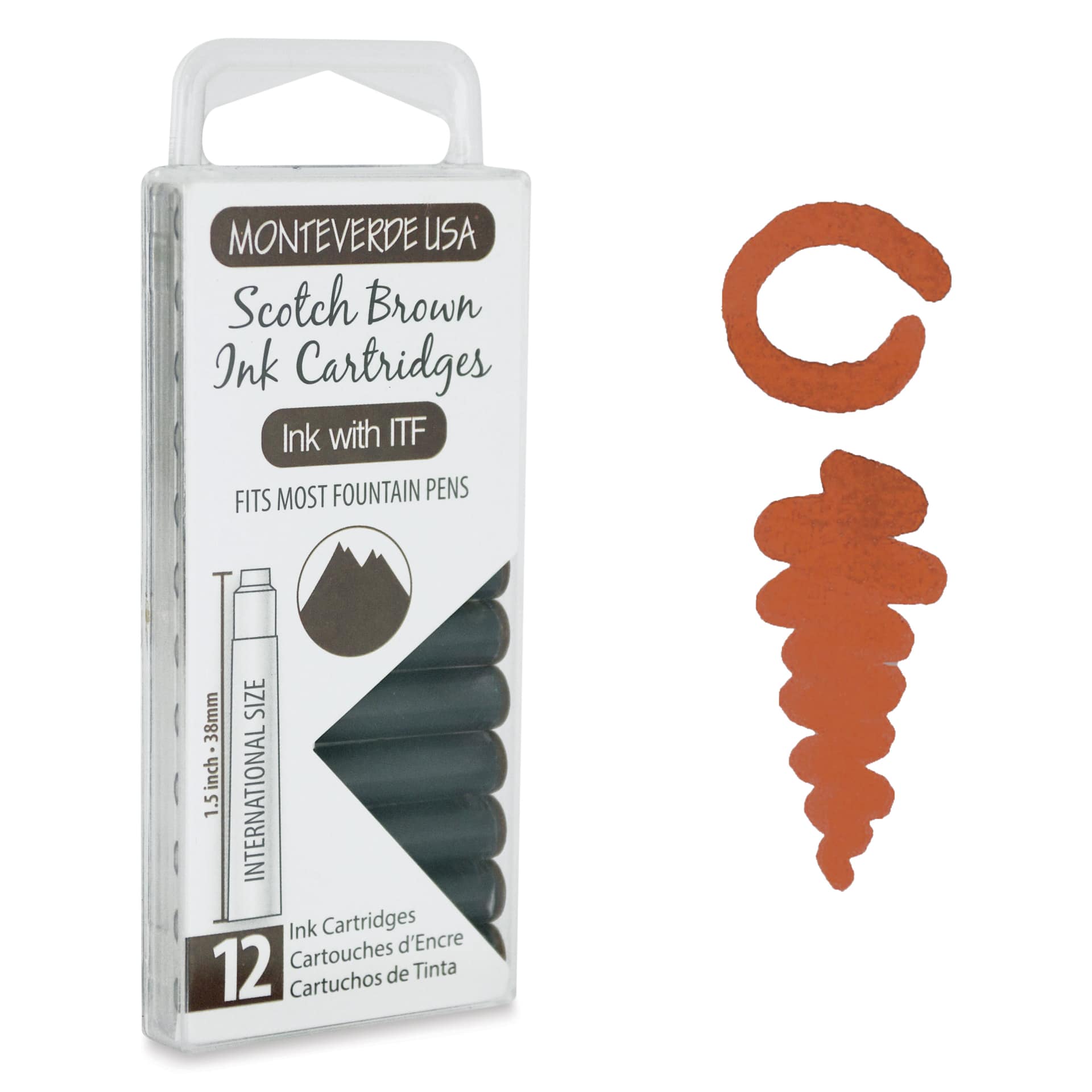 Monteverde Core Universal Ink Cartridge - Scotch Brown, Pkg of 12 with swatch