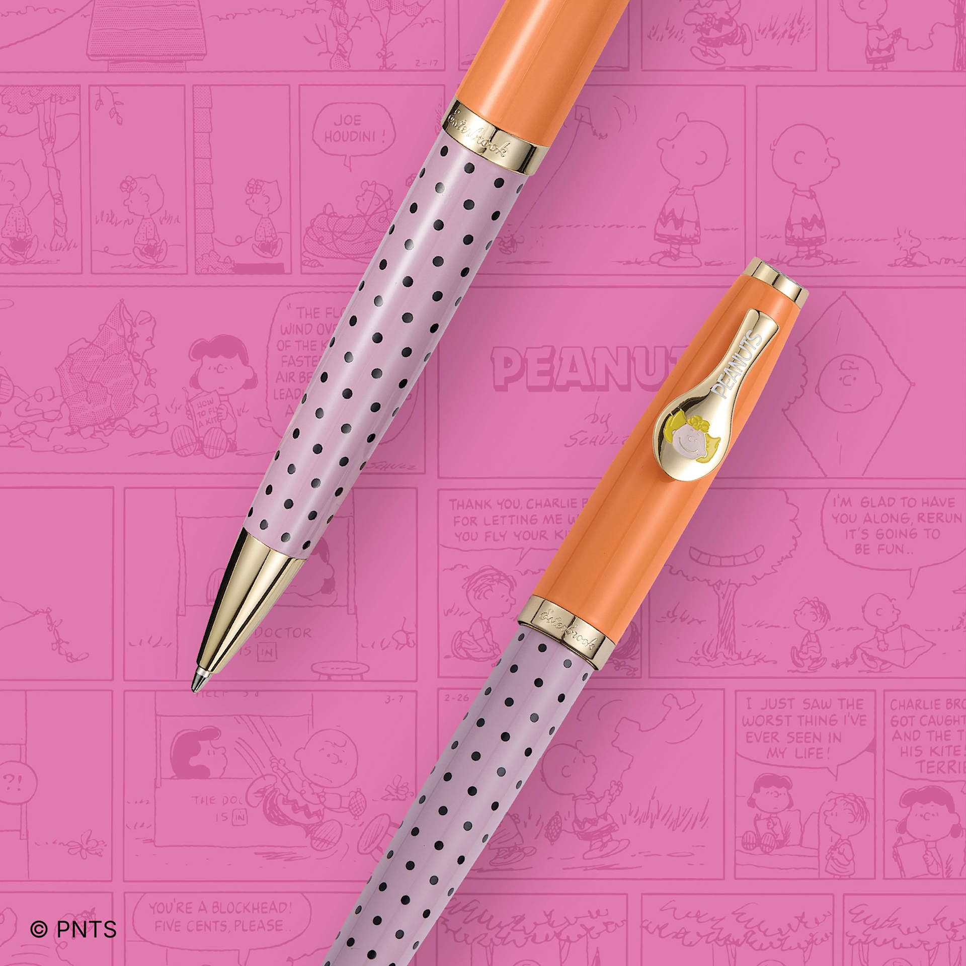 Esterbrook Peanuts 75th Anniversary Ballpoint Pen - Sally pen over pink comic background