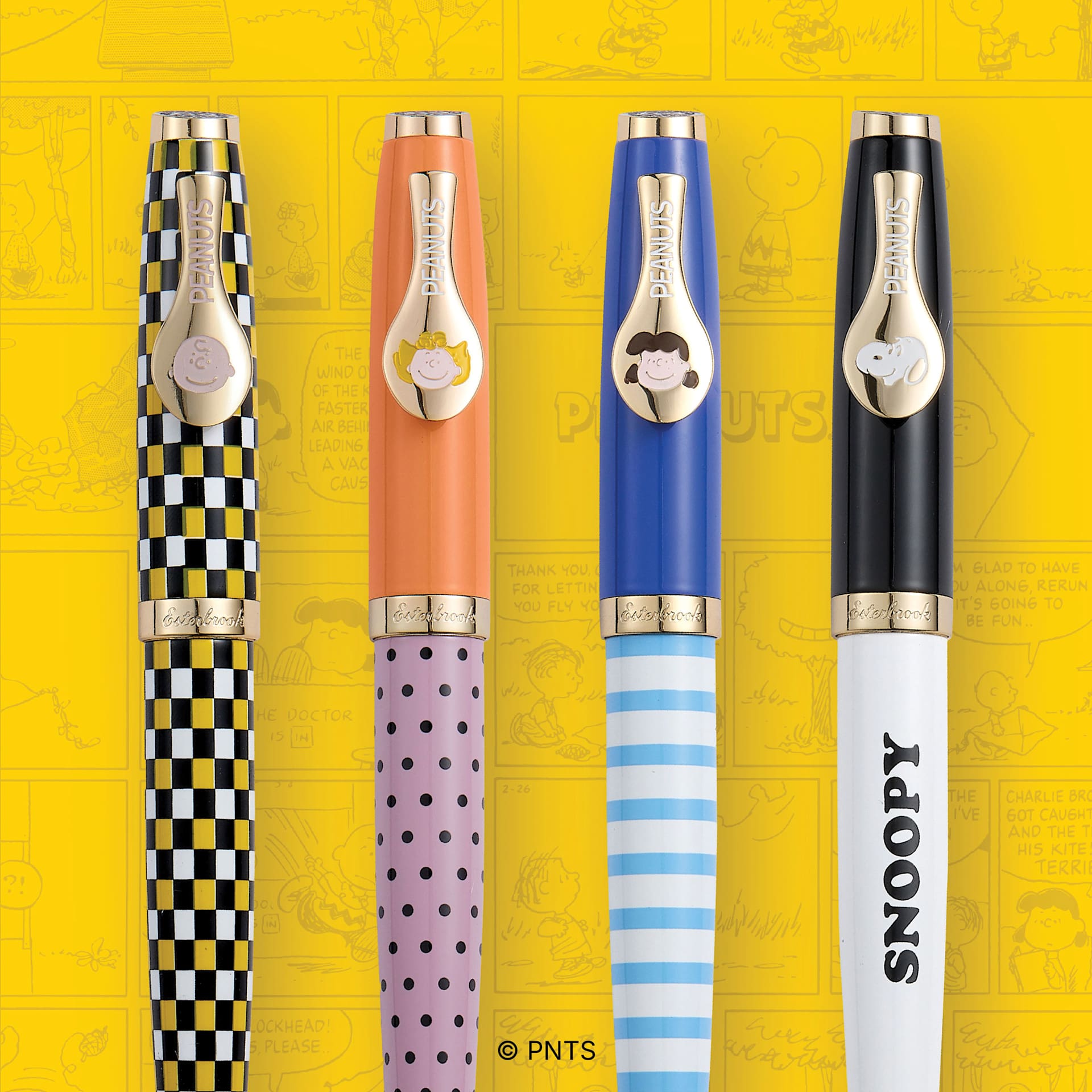 Esterbrook Peanuts 75th Anniversary Fountain Pens, close up of barrels