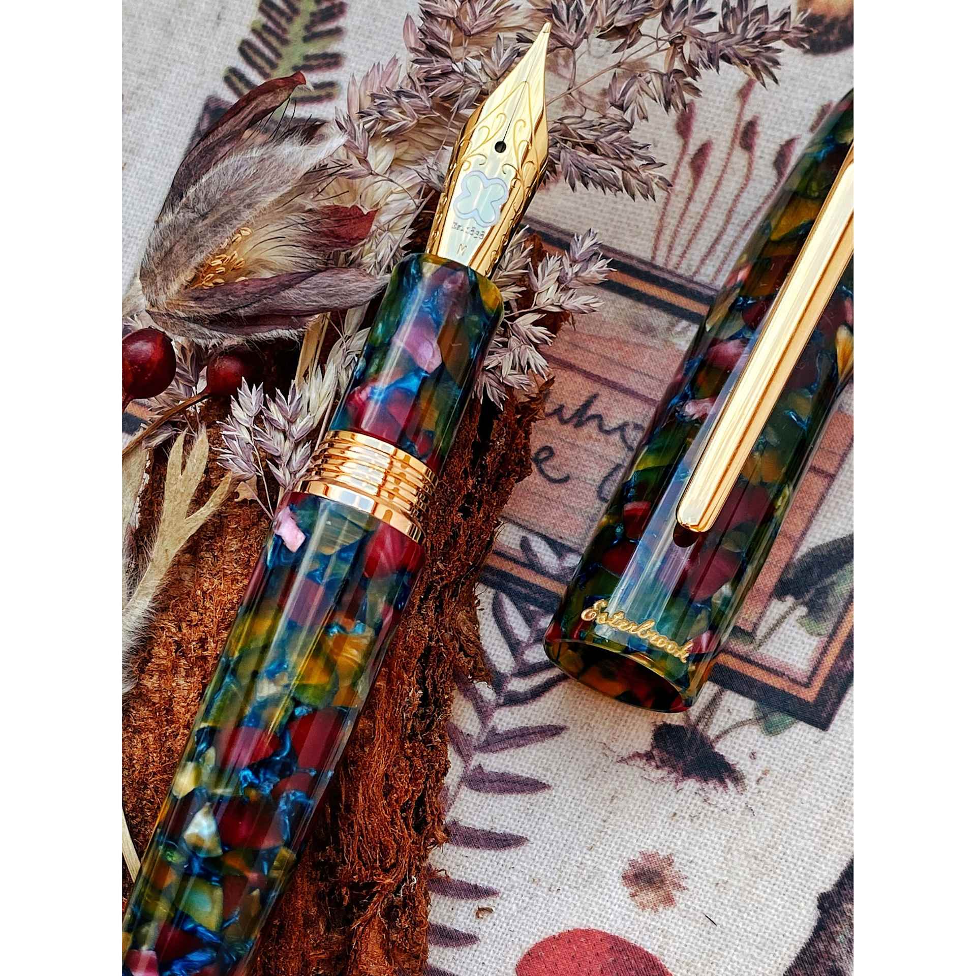 Esterbrook Estie Fountain Pen - Botanical Gardens, Medium Nib, close up with botanicals and card