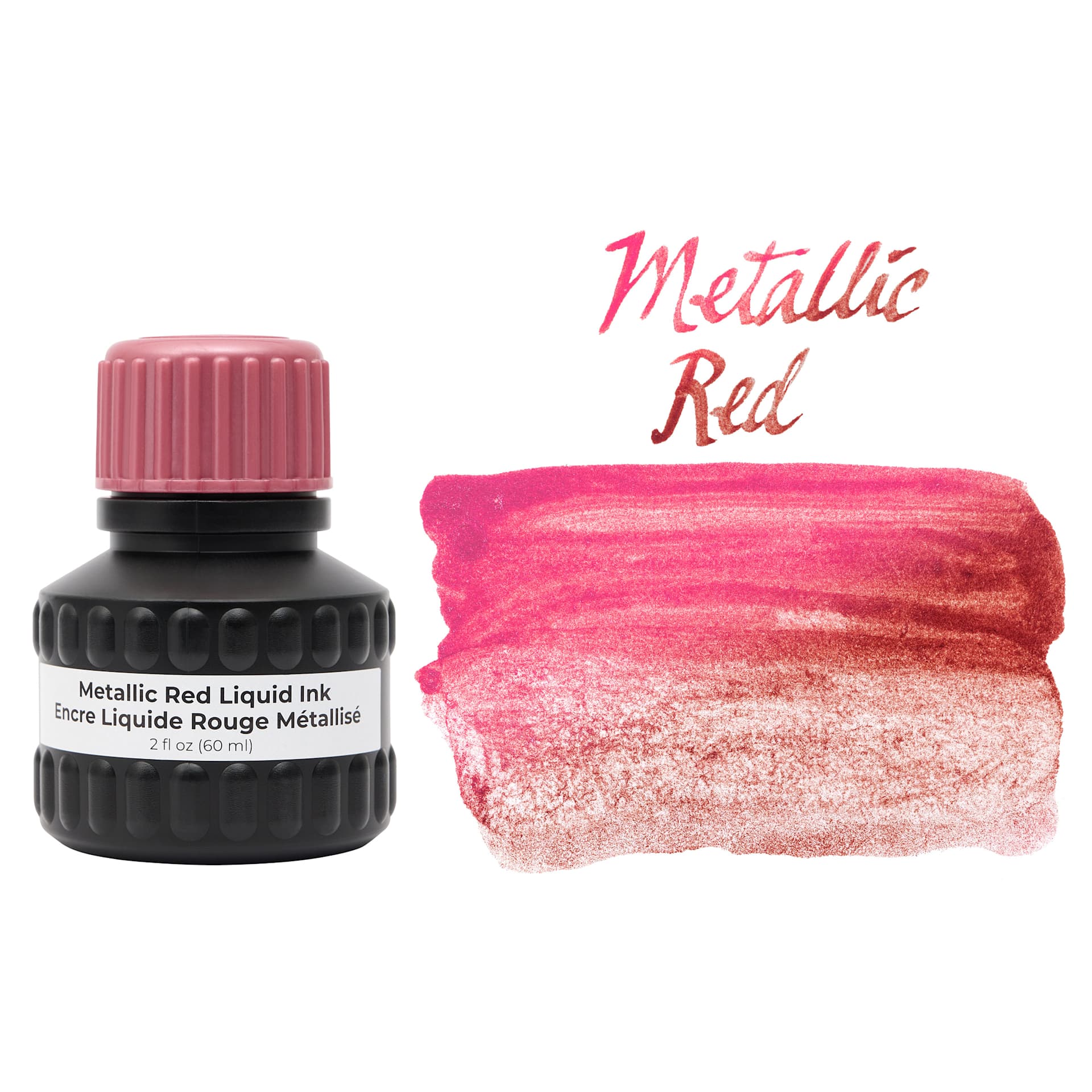 Yasutomo Liquid Metallic Sumi Ink - Red, 2 oz bottle and swatch