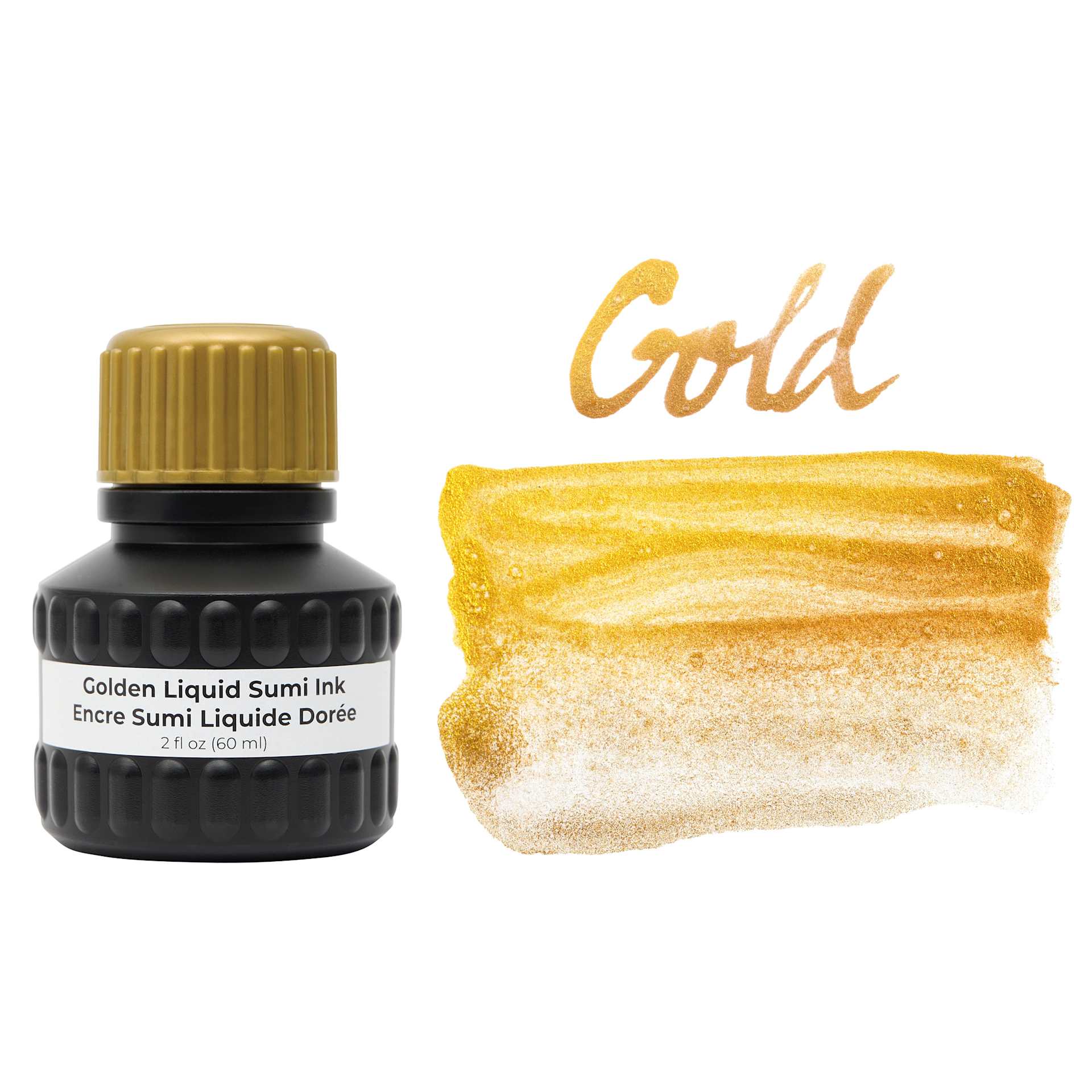 Yasutomo Liquid Metallic Sumi Ink - Gold, 2 oz bottle and swatch