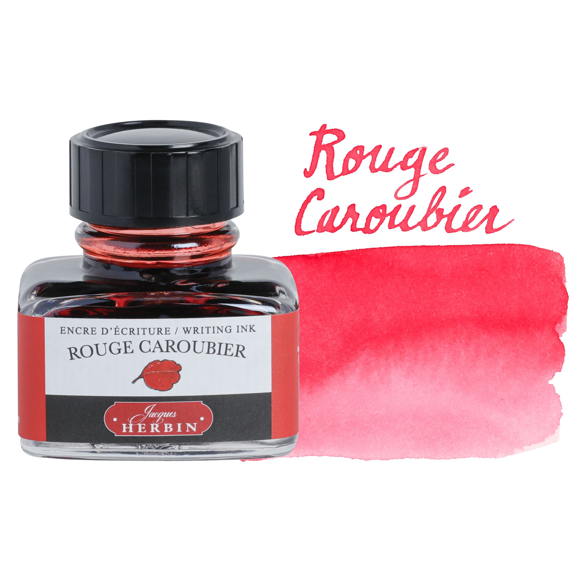 Herbin La Perle des Encres The Jewel of Inks Fountain Pen Ink - Rouge Caroubier (Carob Red), 30 ml bottle with swatch