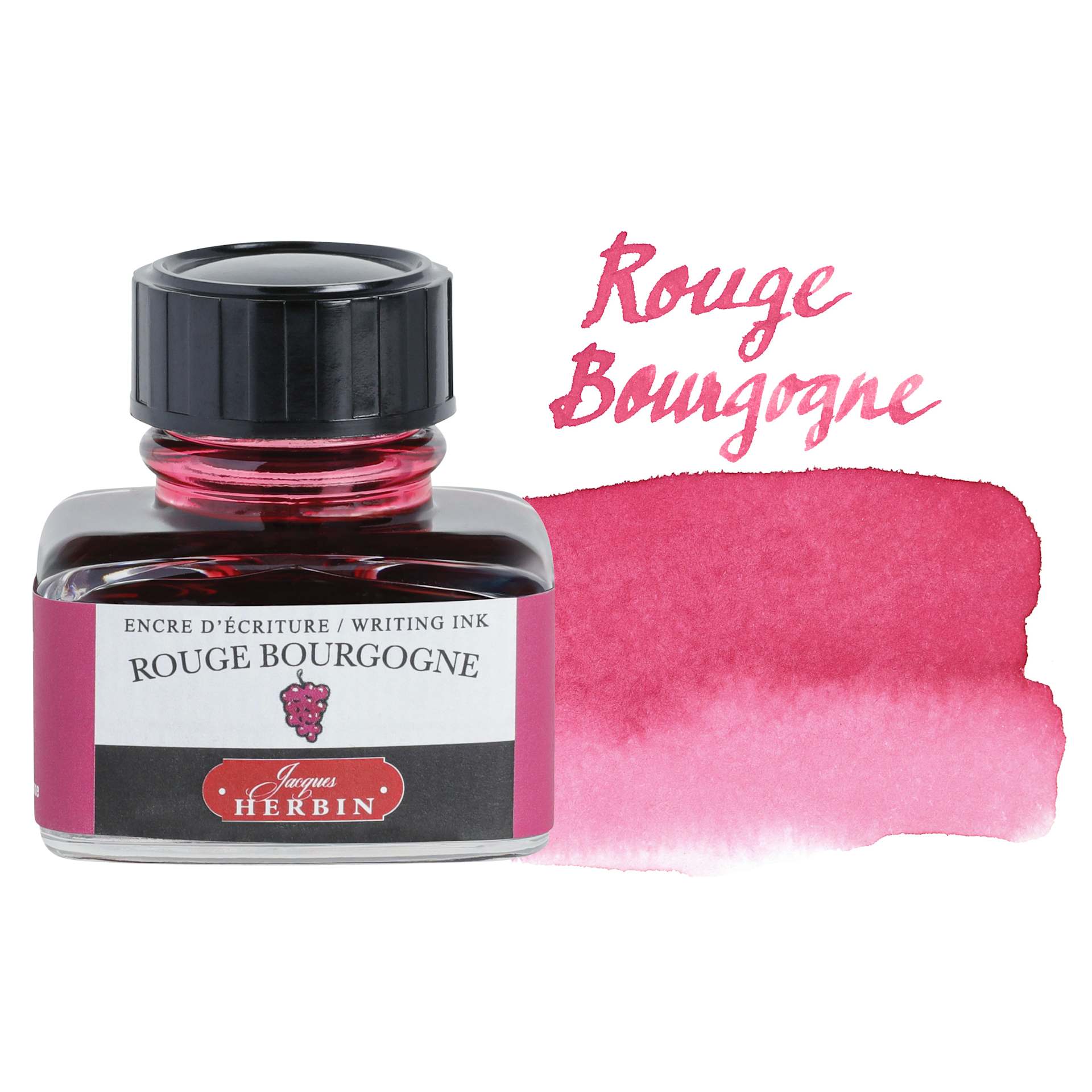 Herbin La Perle des Encres The Jewel of Inks Fountain Pen Ink - Rouge Bourgogne (Burgundy Red), 30 ml bottle with swatch