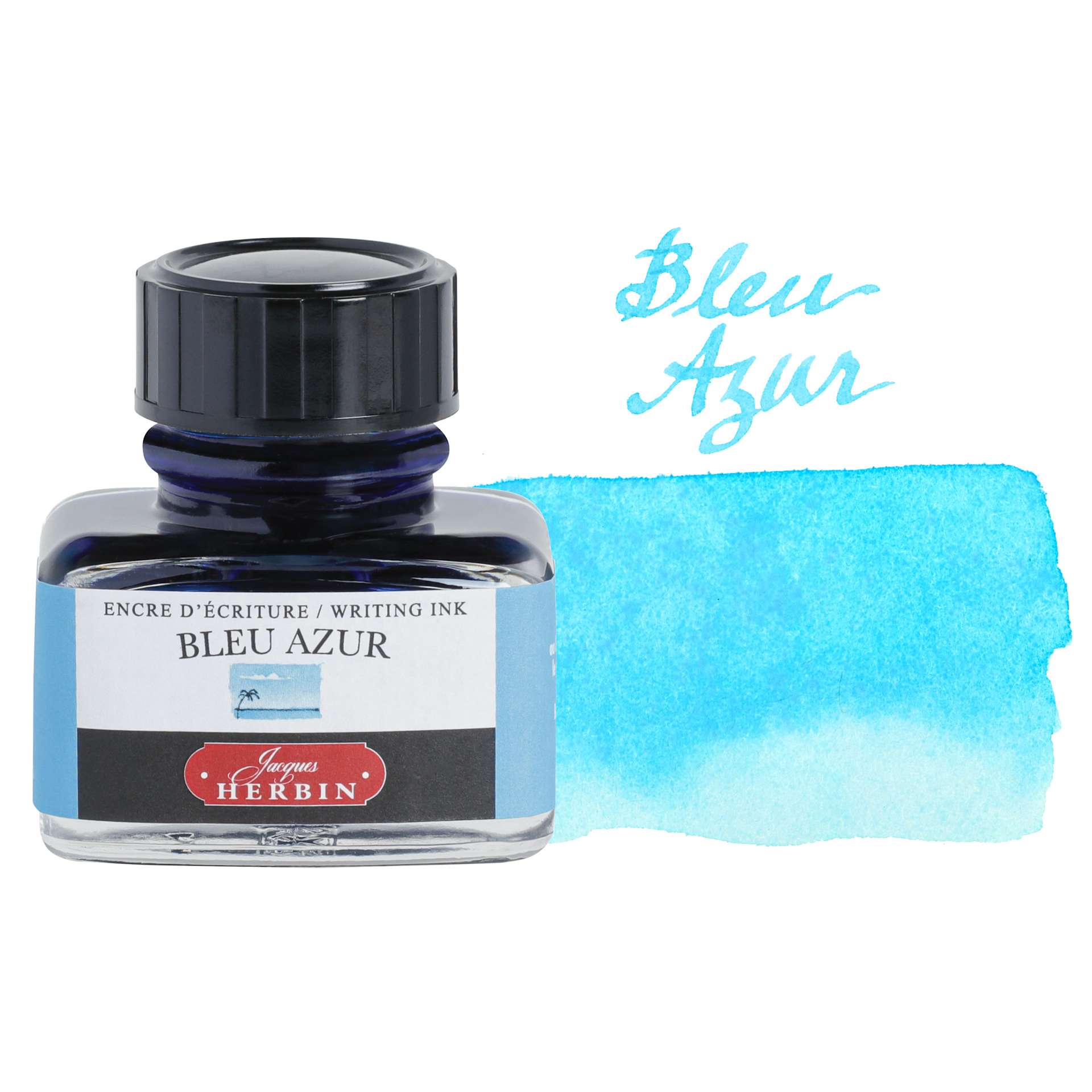 Herbin La Perle des Encres The Jewel of Inks Fountain Pen Ink - Bleu Azur (Azure Blue), 30 ml bottle with swatch