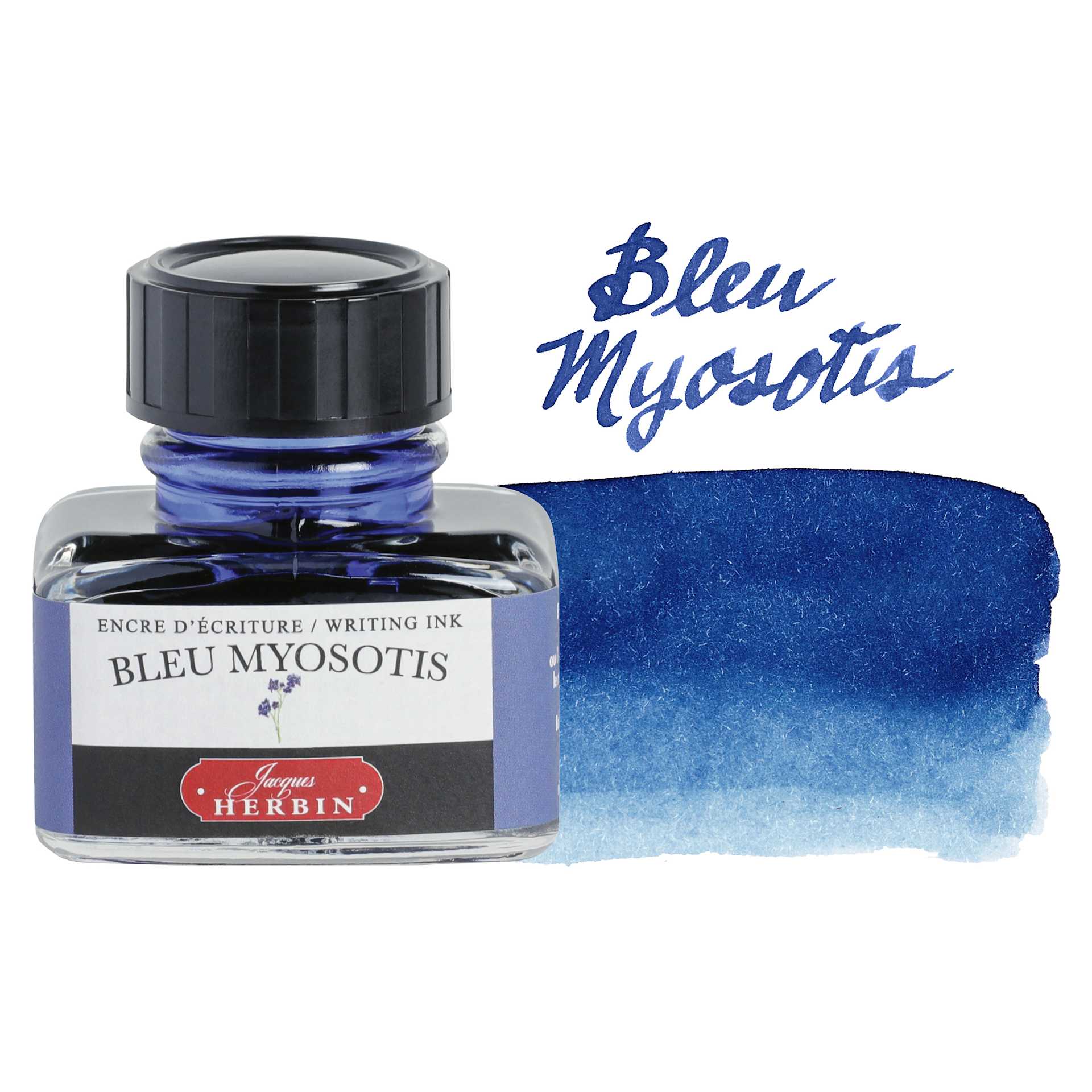 Herbin La Perle des Encres The Jewel of Inks Fountain Pen Ink - Bleu Myosotis (Forget-Me-Not Blue), 30 ml bottle with swatch