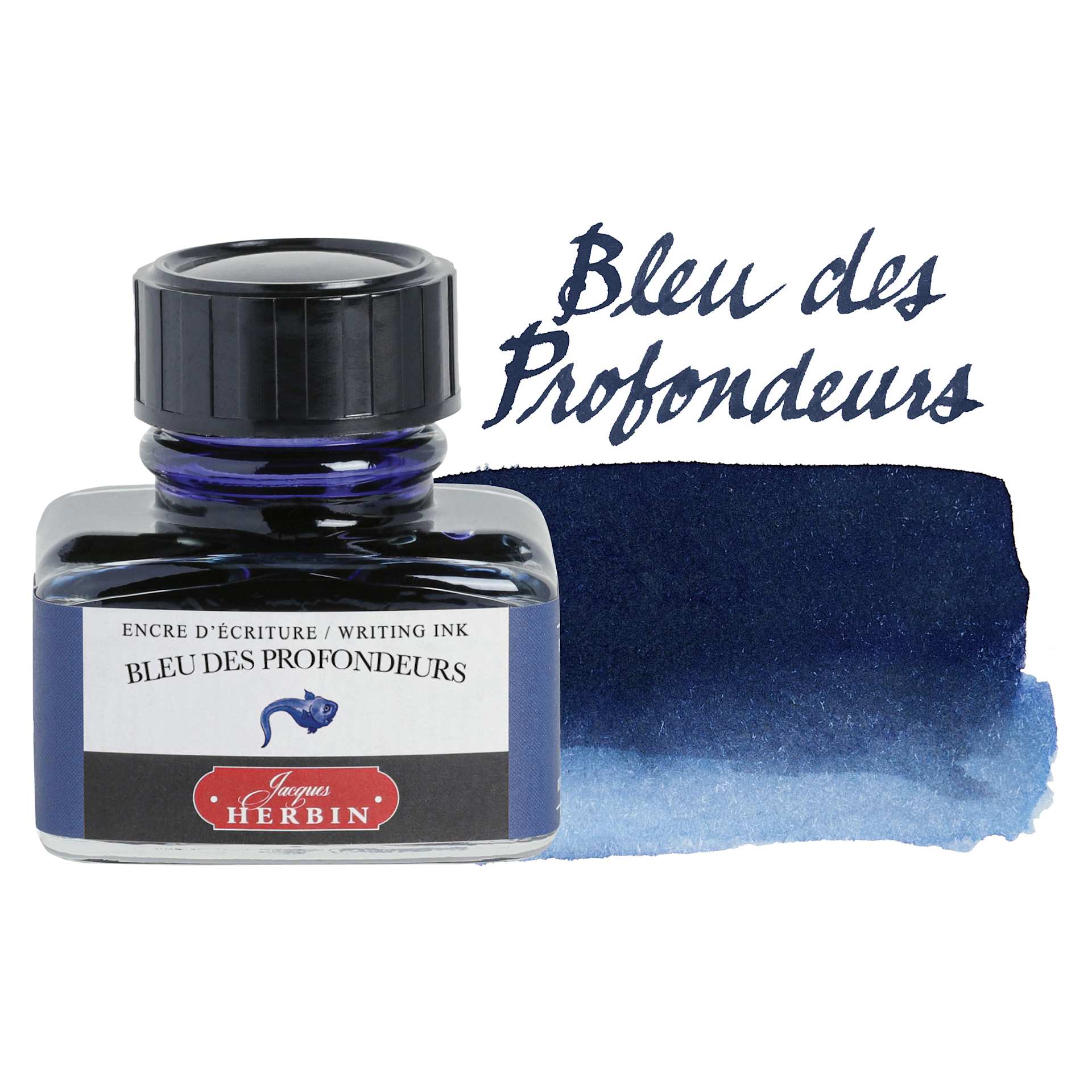 Herbin La Perle des Encres The Jewel of Inks Fountain Pen Ink - Bleu des Profondeurs (Deep Blue), 30 ml bottle with swatch