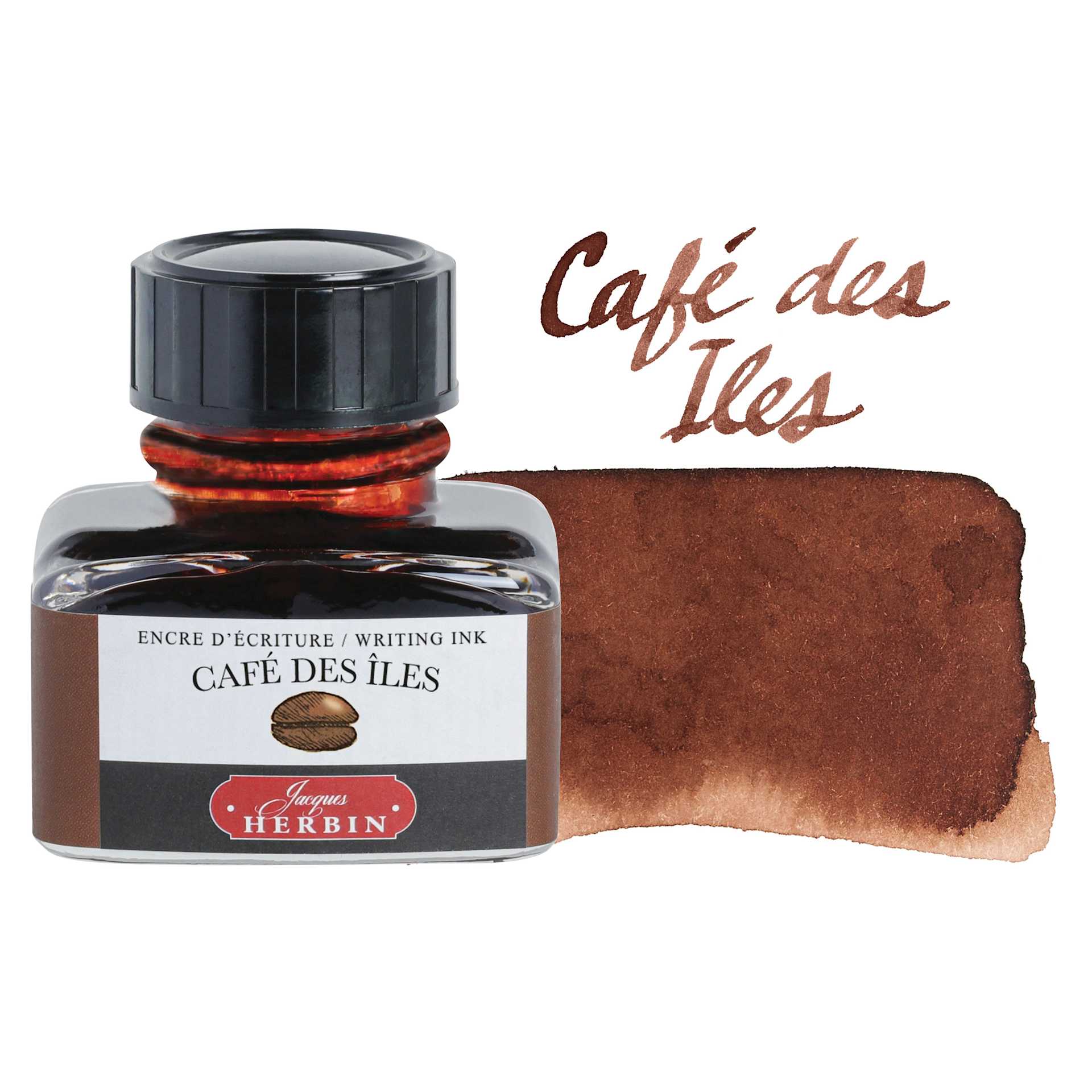 Herbin La Perle des Encres The Jewel of Inks Fountain Pen Ink - Café des Iles (Coffee Islands), 30 ml bottle with swatch