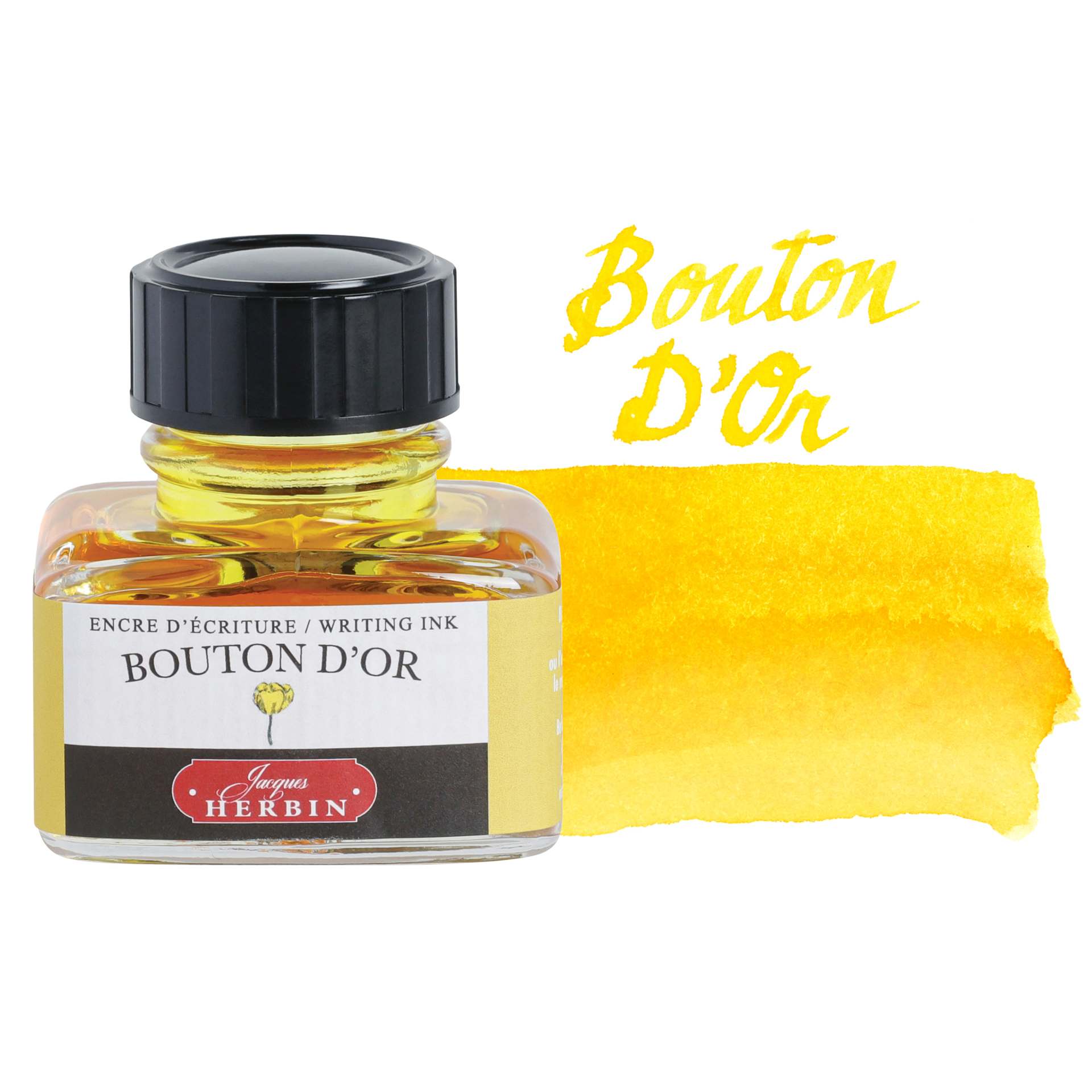 Herbin La Perle des Encres The Jewel of Inks Fountain Pen Ink - Jaune Bouton d'Or (Buttercup Yellow), 30 ml bottle with swatch
