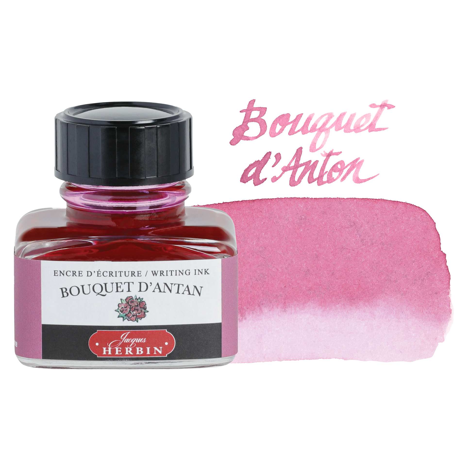 Herbin La Perle des Encres The Jewel of Inks Fountain Pen Ink - Bouquet d'Antan (Old-Fashioned Bouquet), 30 ml bottle with swatch