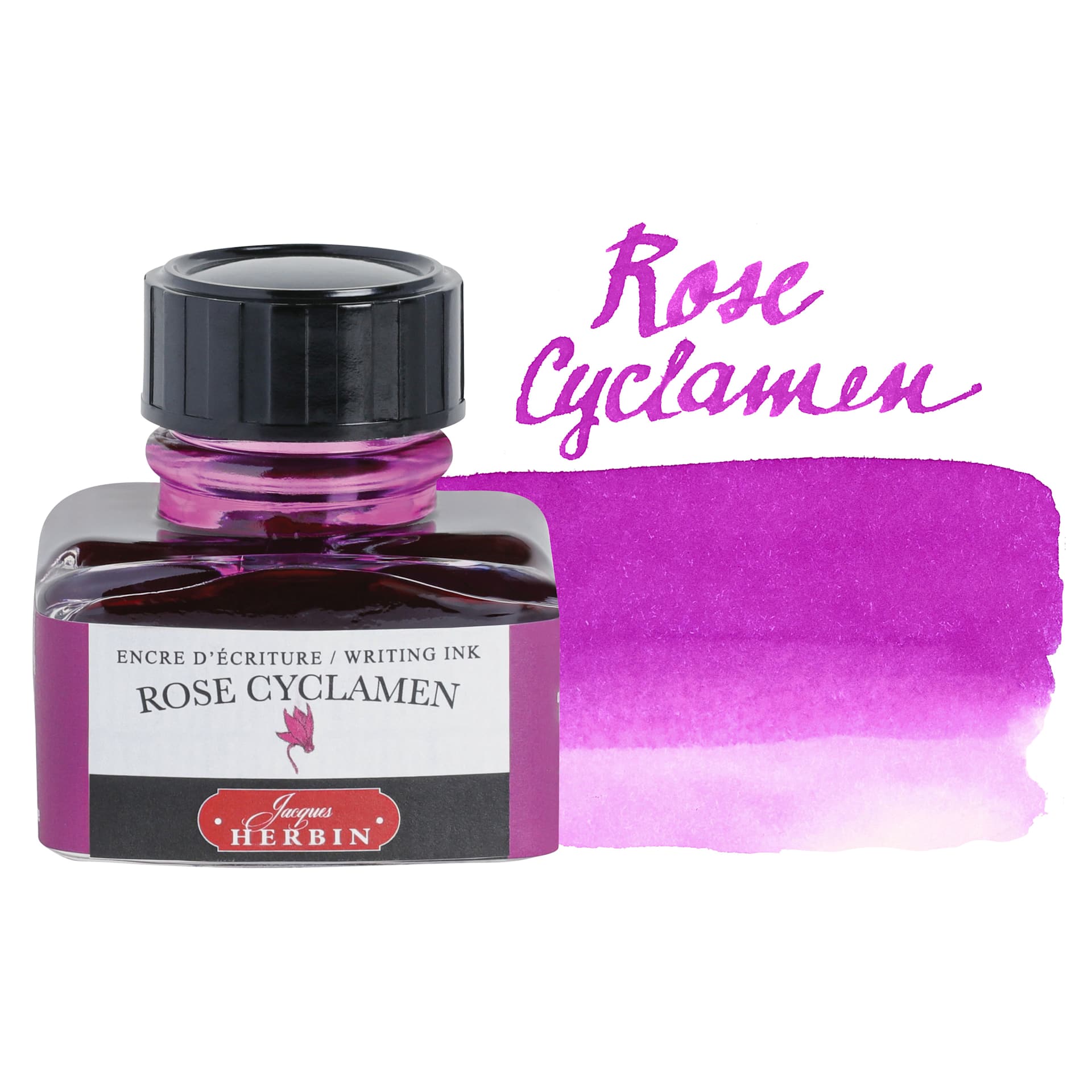 Herbin La Perle des Encres The Jewel of Inks Fountain Pen Ink - Rose Cyclamen (Cyclamen Rose), 30 ml bottle with swatch