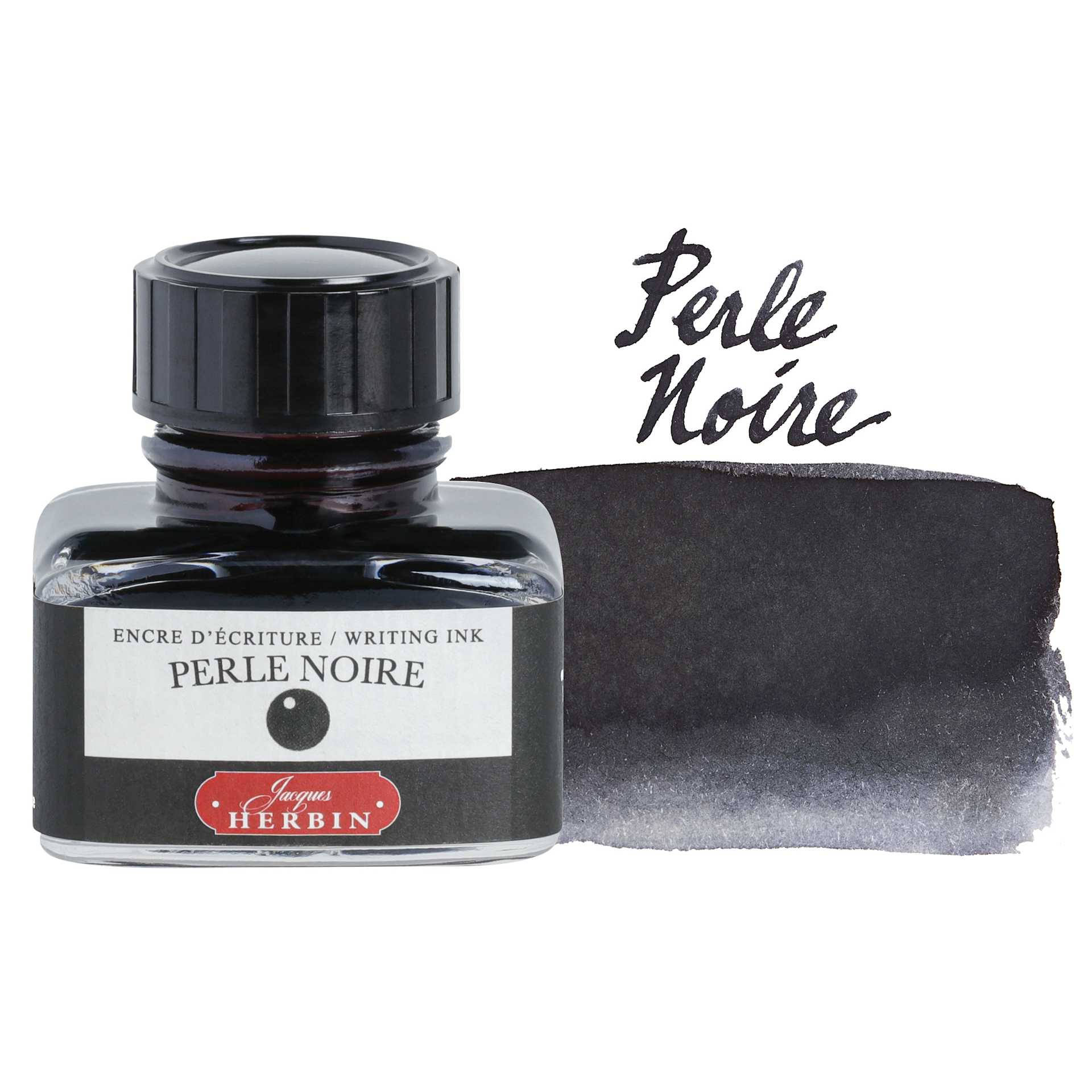 Herbin La Perle des Encres The Jewel of Inks Fountain Pen Ink - Perle Noire (Black Pearl), 30 ml bottle with swatch