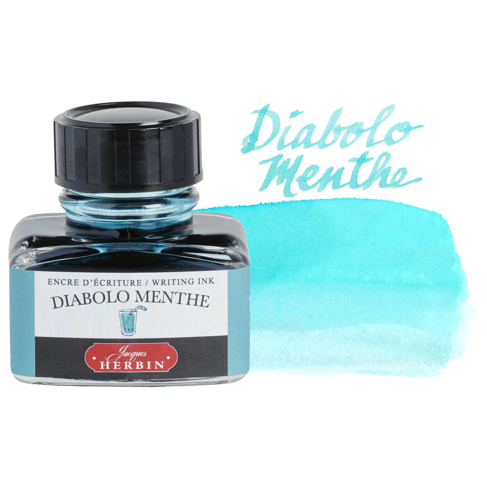 Herbin La Perle des Encres The Jewel of Inks Fountain Pen Ink - Diabolo Menthe (Mint Diabolo), 30 ml bottle with swatch