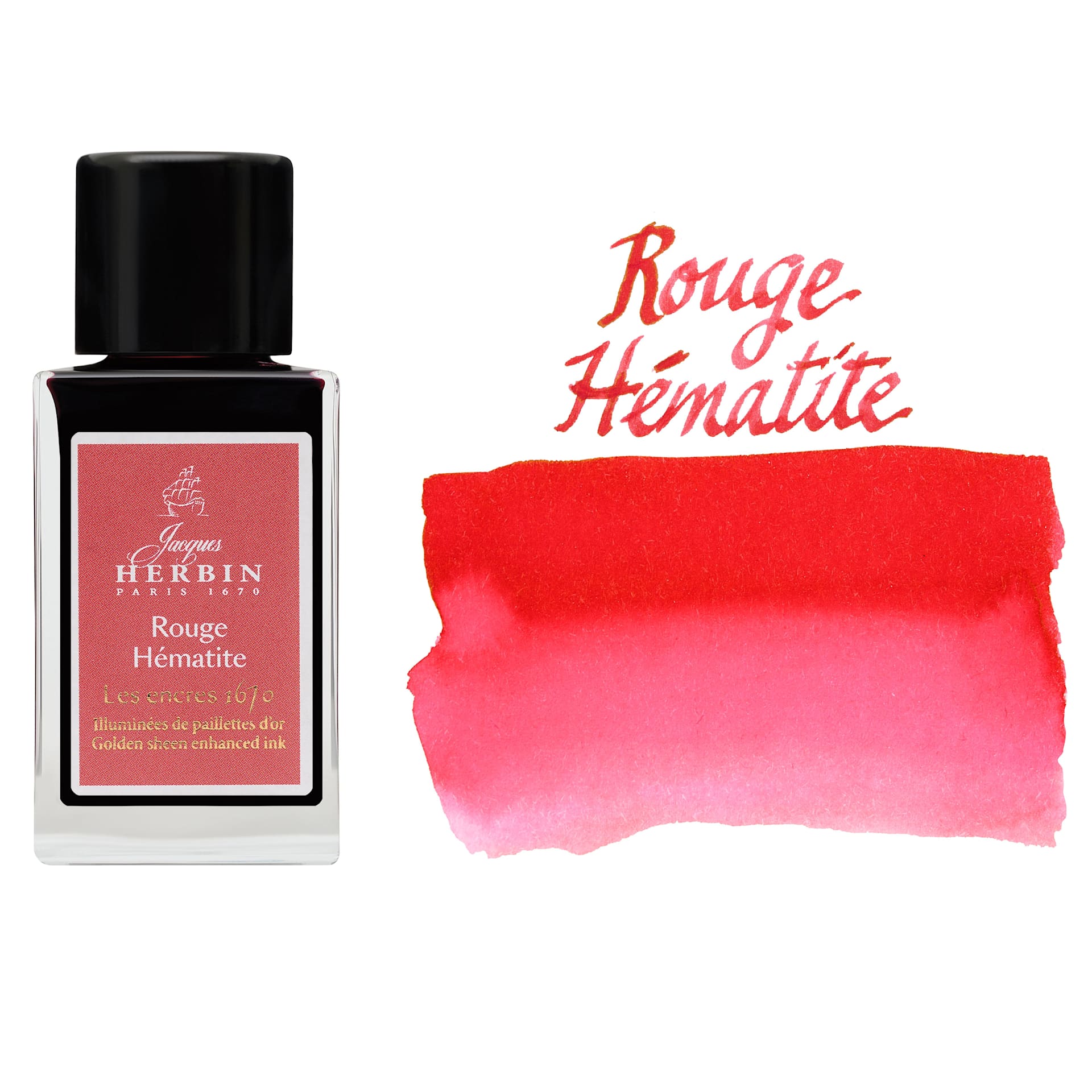 Herbin 1670 Anniversary Collection Fountain Pen Ink - Rouge Hematite, 15 ml bottle with swatch
