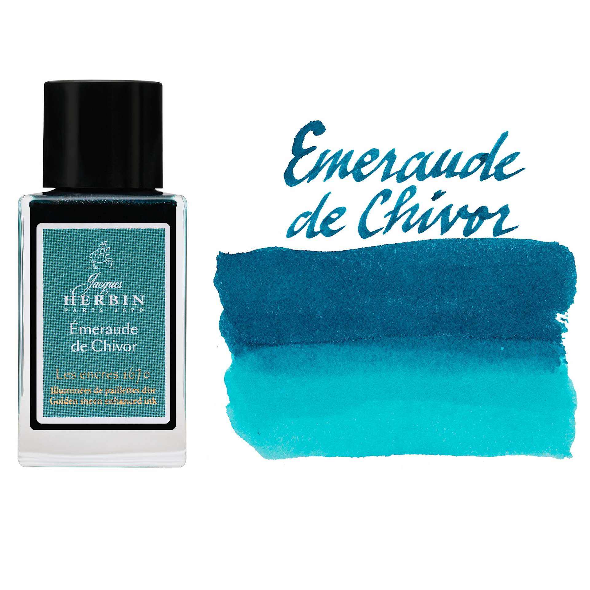 Herbin 1670 Anniversary Collection Fountain Pen Ink - Emeraude de Chivor, 15 ml bottle with swatch