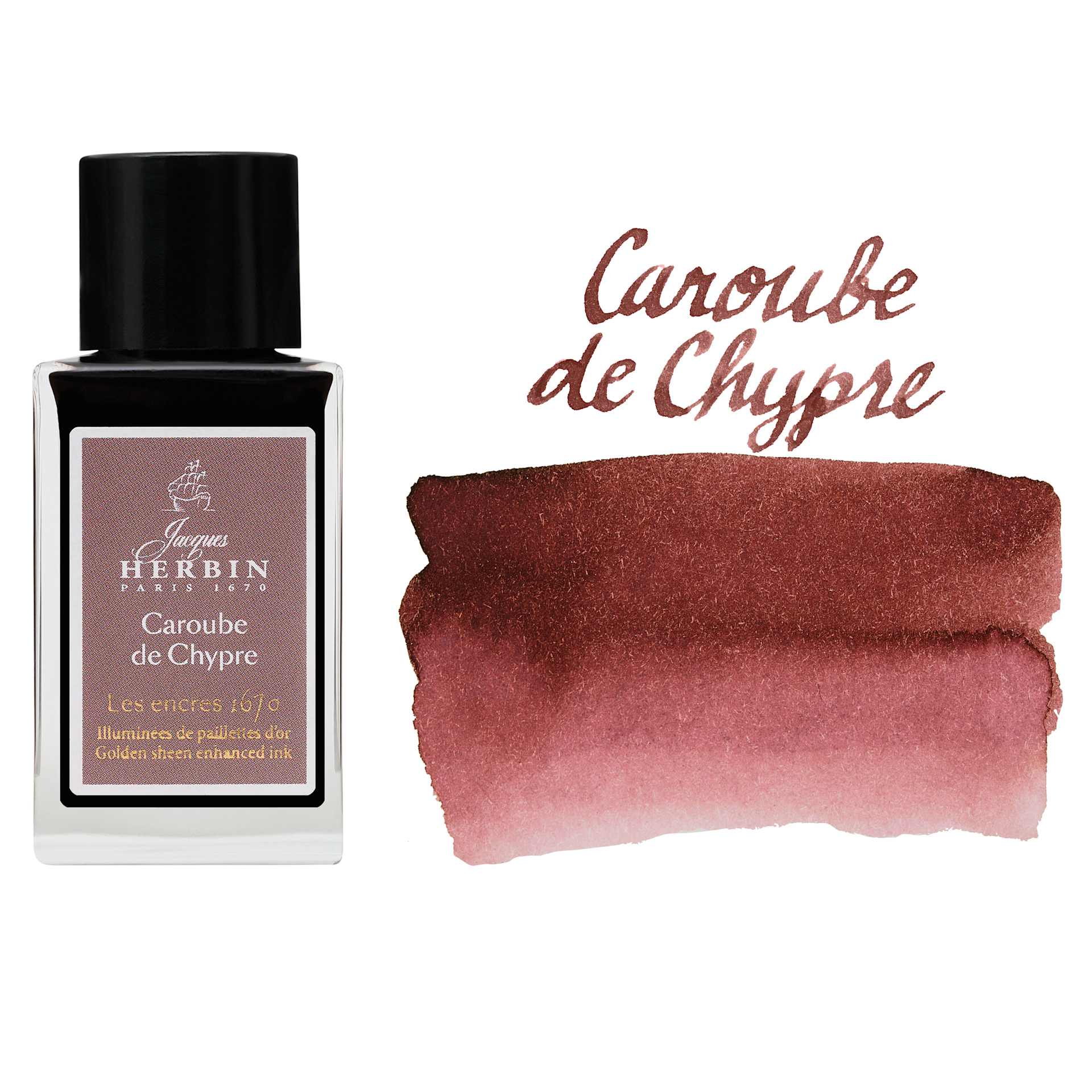 Herbin 1670 Anniversary Collection Fountain Pen Ink - Caroube de Chypre, 15 ml bottle with swatch